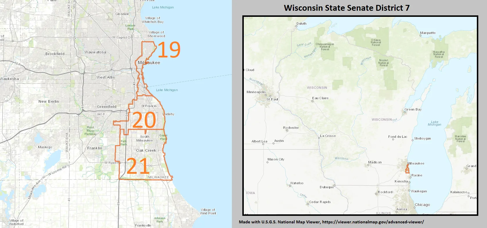 Wisconsin Senate District 7 map (2012–2021), which includes Oak Creek.