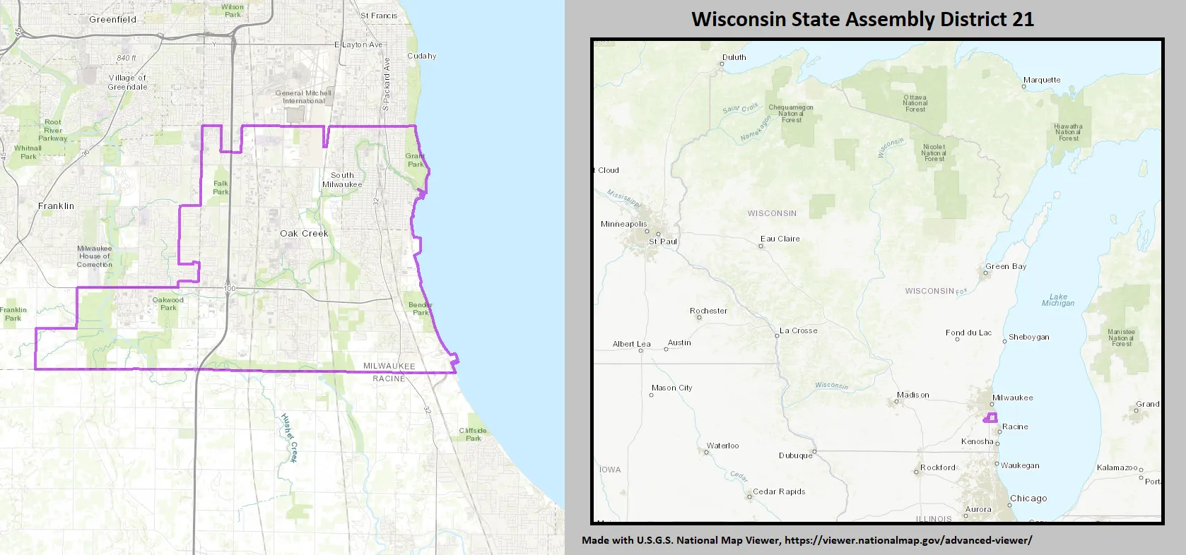Wisconsin Assembly District 21 map (2022–2031), covering Oak Creek.
