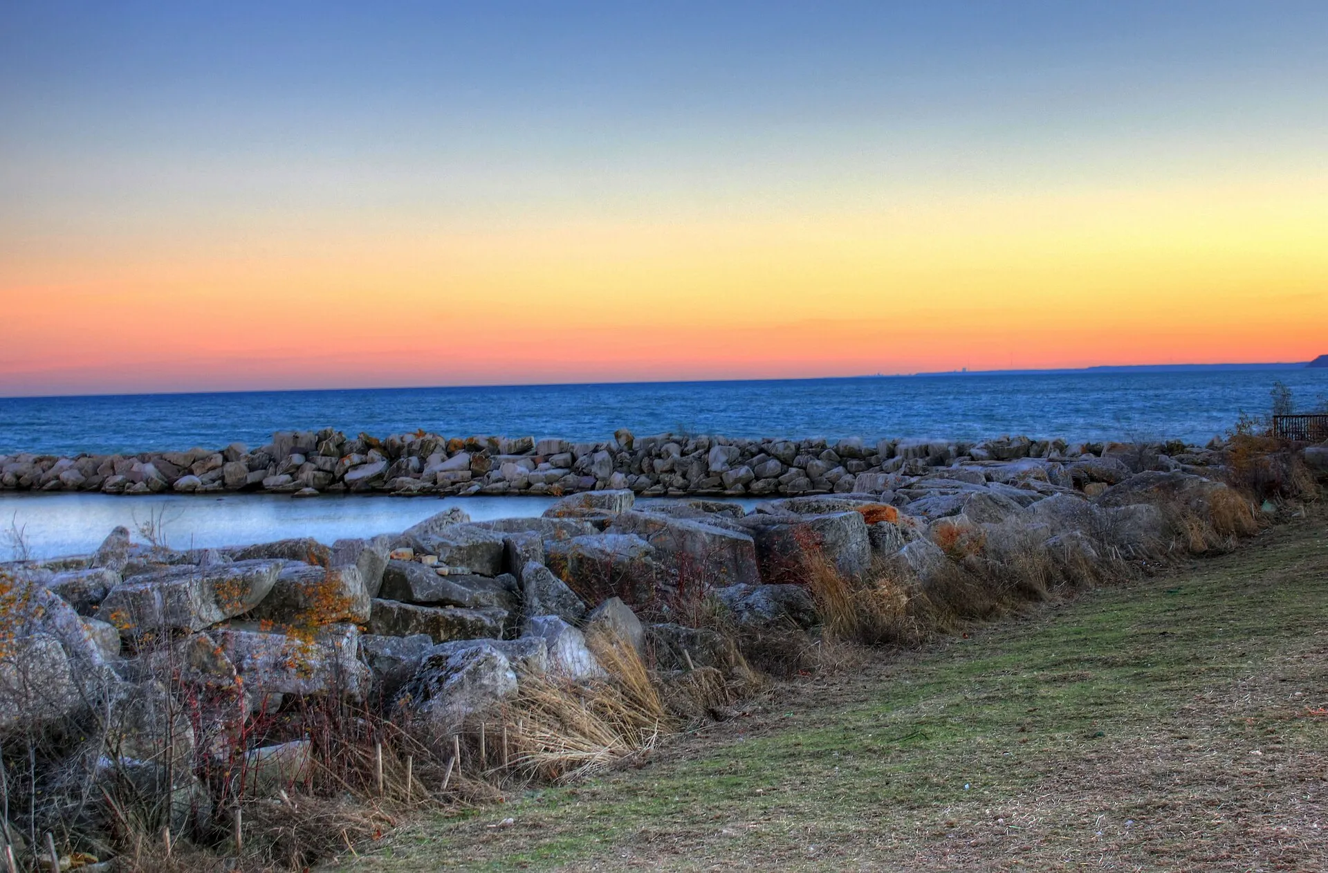 Along the shores of Lake Michigan at dusk near Port Washington.