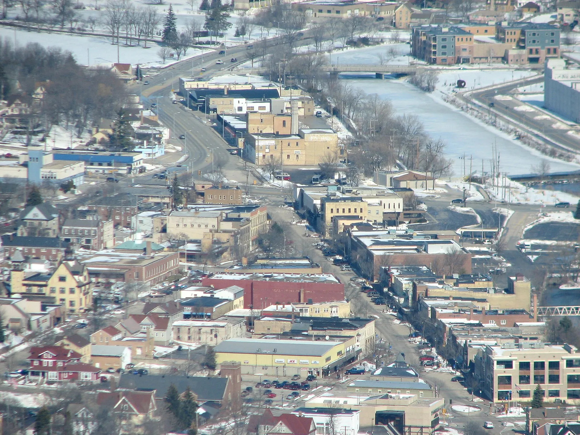 Aerial view of downtown West Bend, Wisconsin.