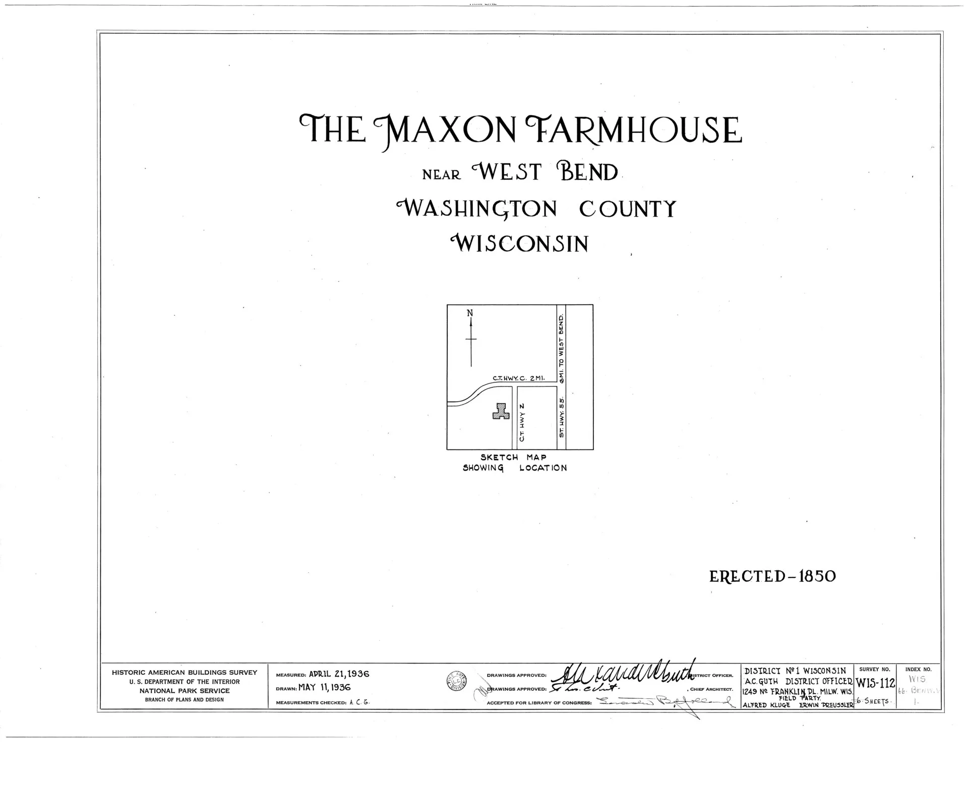 Maxon Farmhouse, West Bend, Washington County, WI (Historic American Buildings Survey drawing, sheet 0 of 6).
