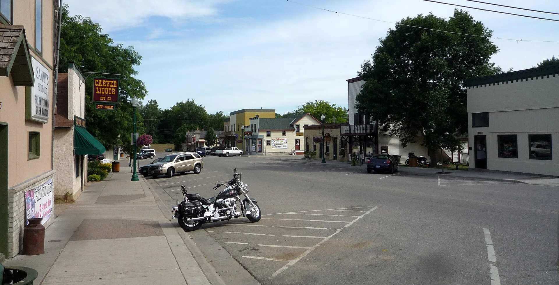 Broadway, the main street through the Carver Historic District on the NRHP, Carver, Minnesota, USA.