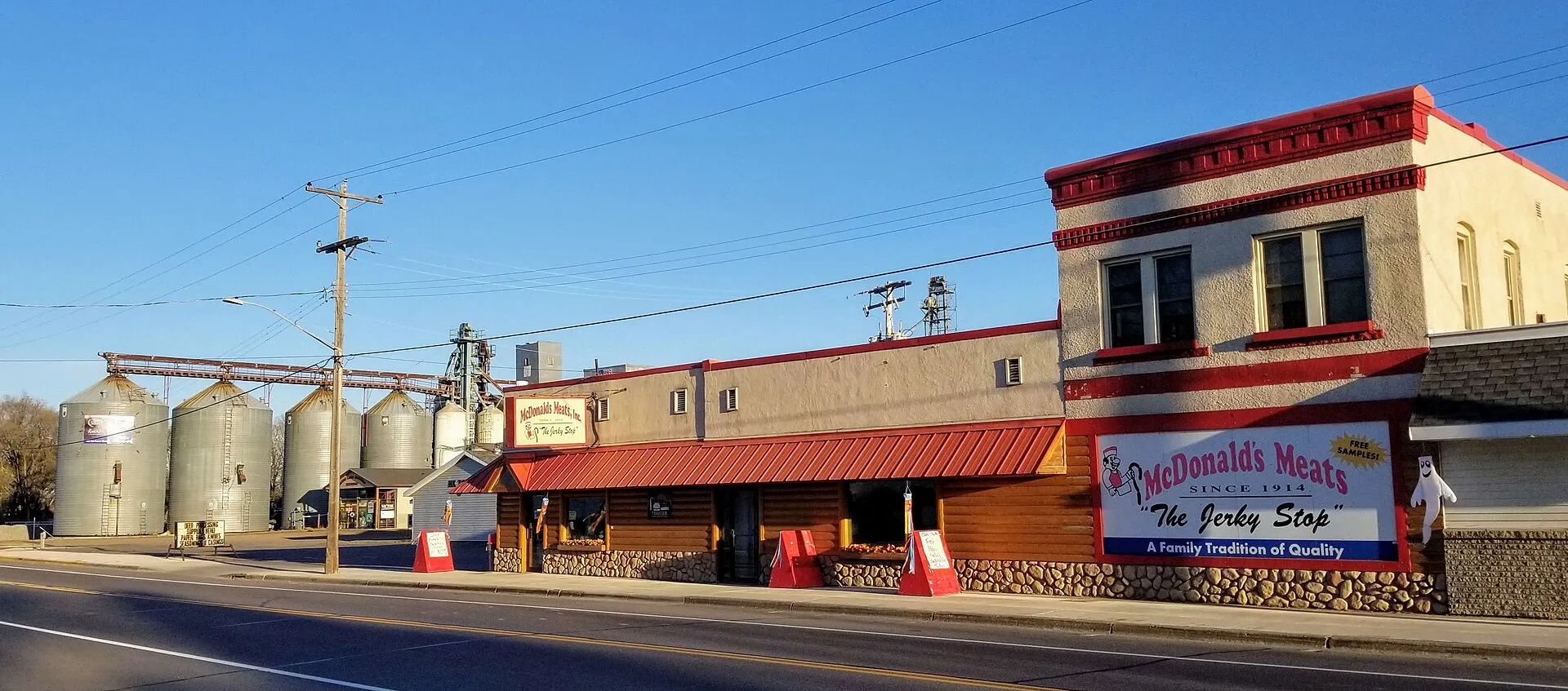 View of Main Avenue in Clear Lake, Minnesota, including butcher shop McDonald's Meats