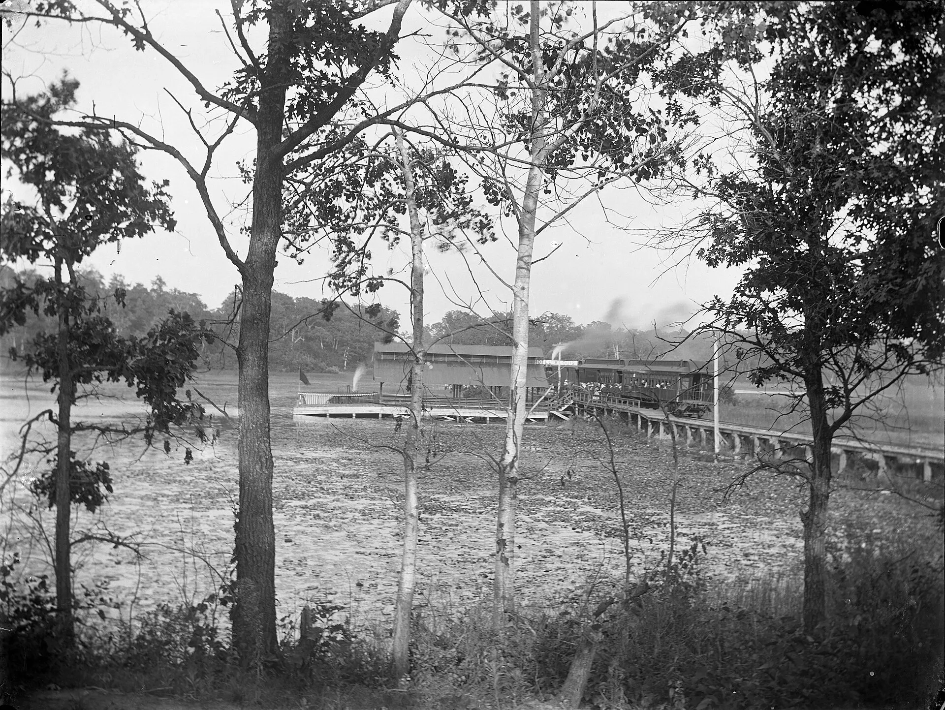 Boat docks and boat house on shore of Lake Minnetonka (Deephaven Bay) with train near dock. Note crowds leaving the train cars and the boat waiting at the dock, center left..