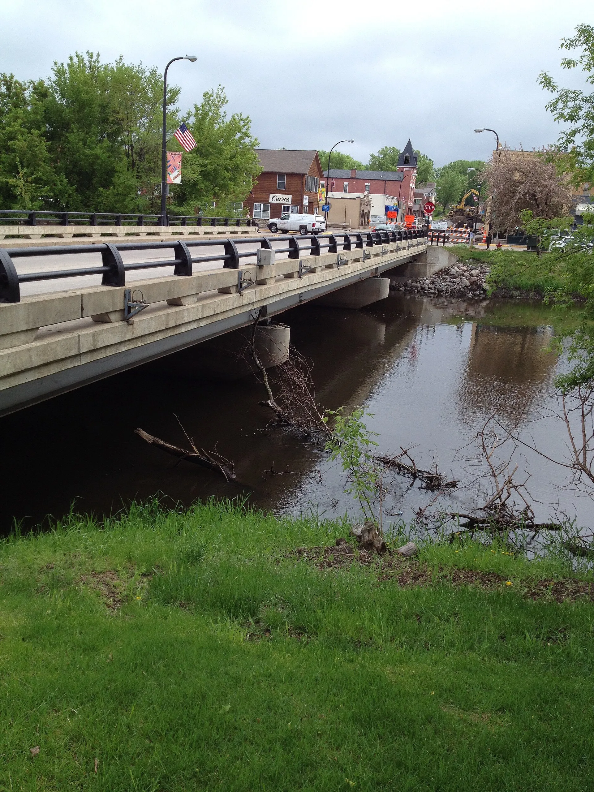 Delano Minnesota view from gage location on West Bank - Bridge Avenue, seen from bridge over South Fork Crow River.