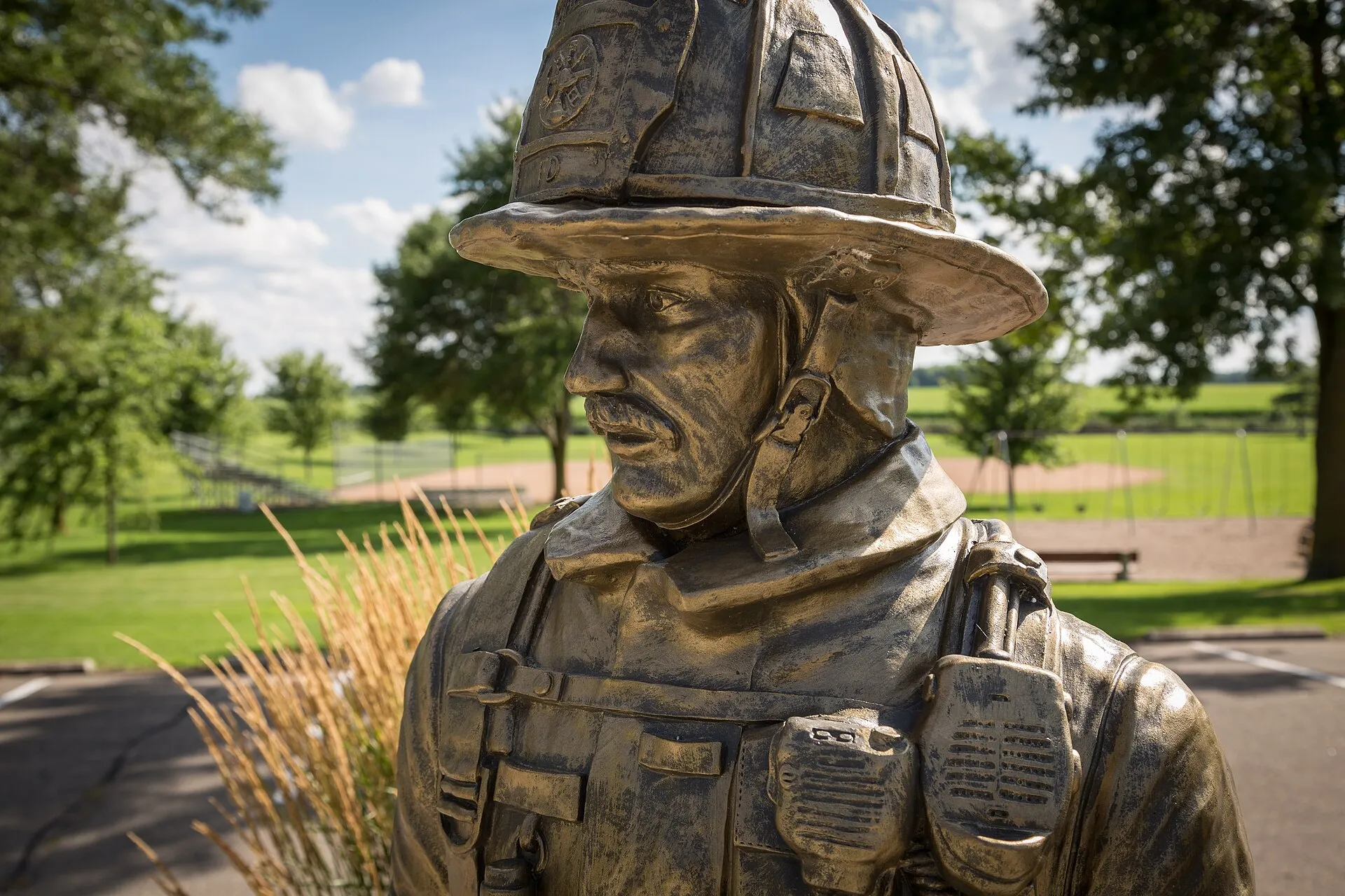 A firefighter memorial statue at Hamburg Bicentennial Park in Hamburg, Minnesota.