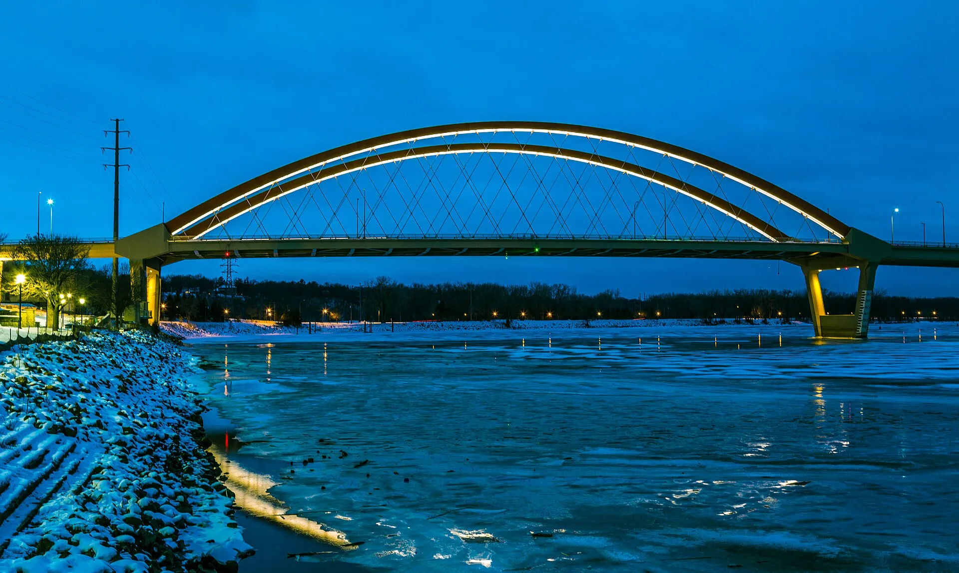 The Hastings Bridge, completed in 2013, carries U.S. Route 61 over the Mississippi River in Hastings, Minnesota - as viewed from Levee Park.