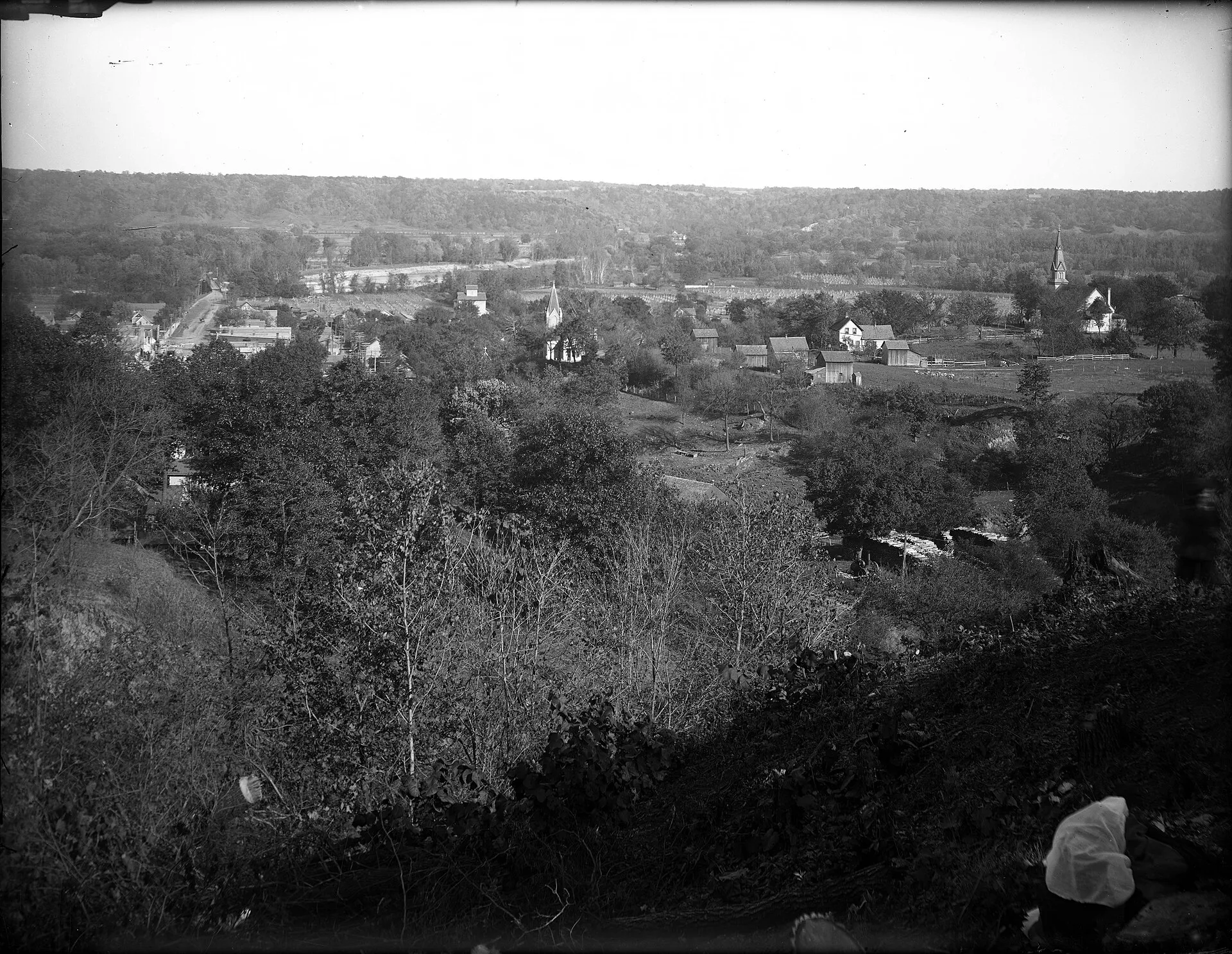 Looking across the Minnesota River valley over the town of Henderson, Minnesota (historic view).