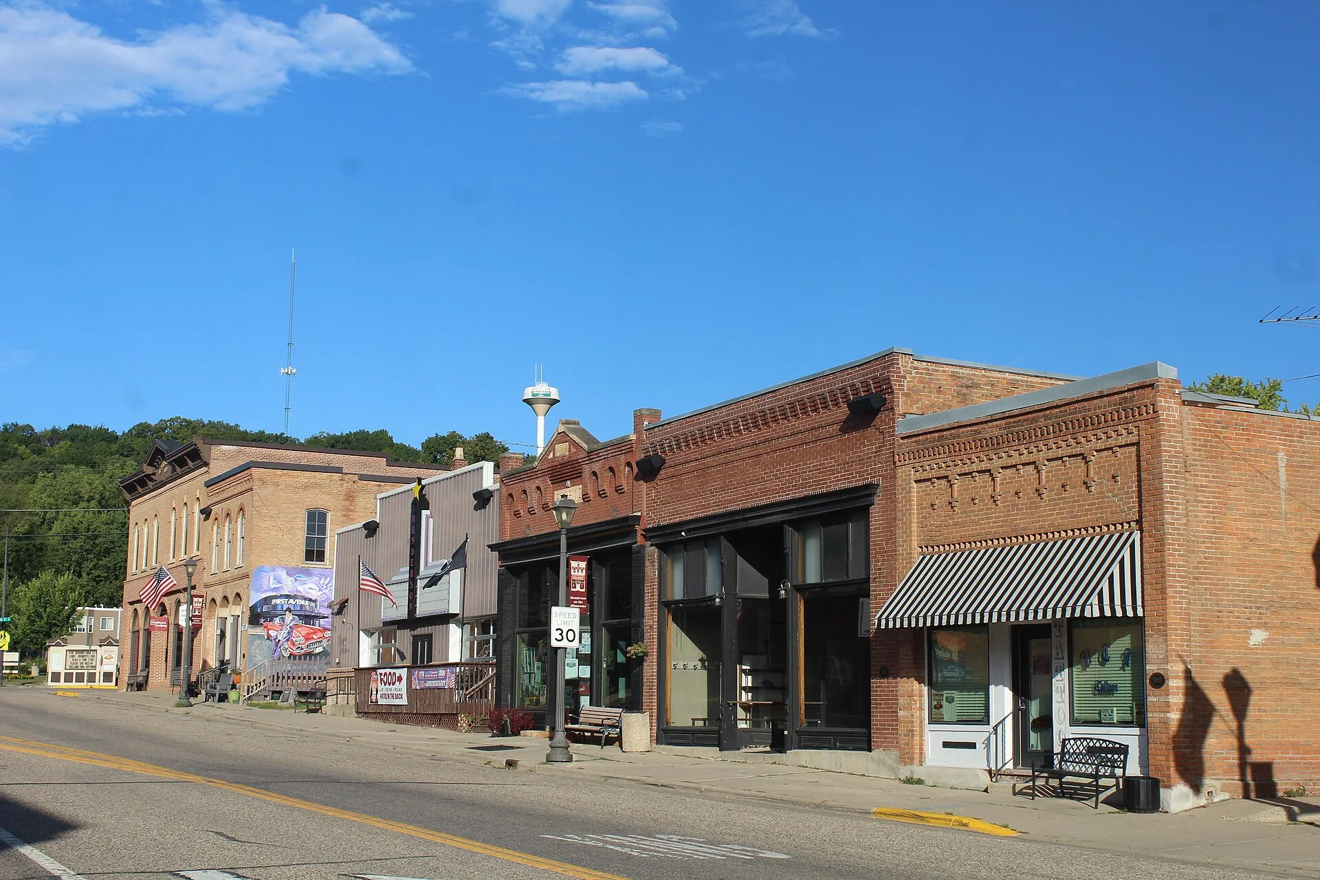 Businesses on north side of Main Street and Fifth Street, Henderson, Minnesota.