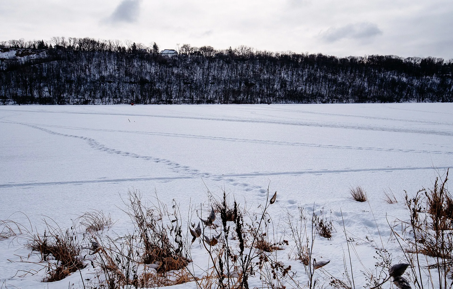 Frozen Pickerel Lake as seen from Lilydale-Harriet Island Regional Park, Saint Paul, Minnesota, in winter.