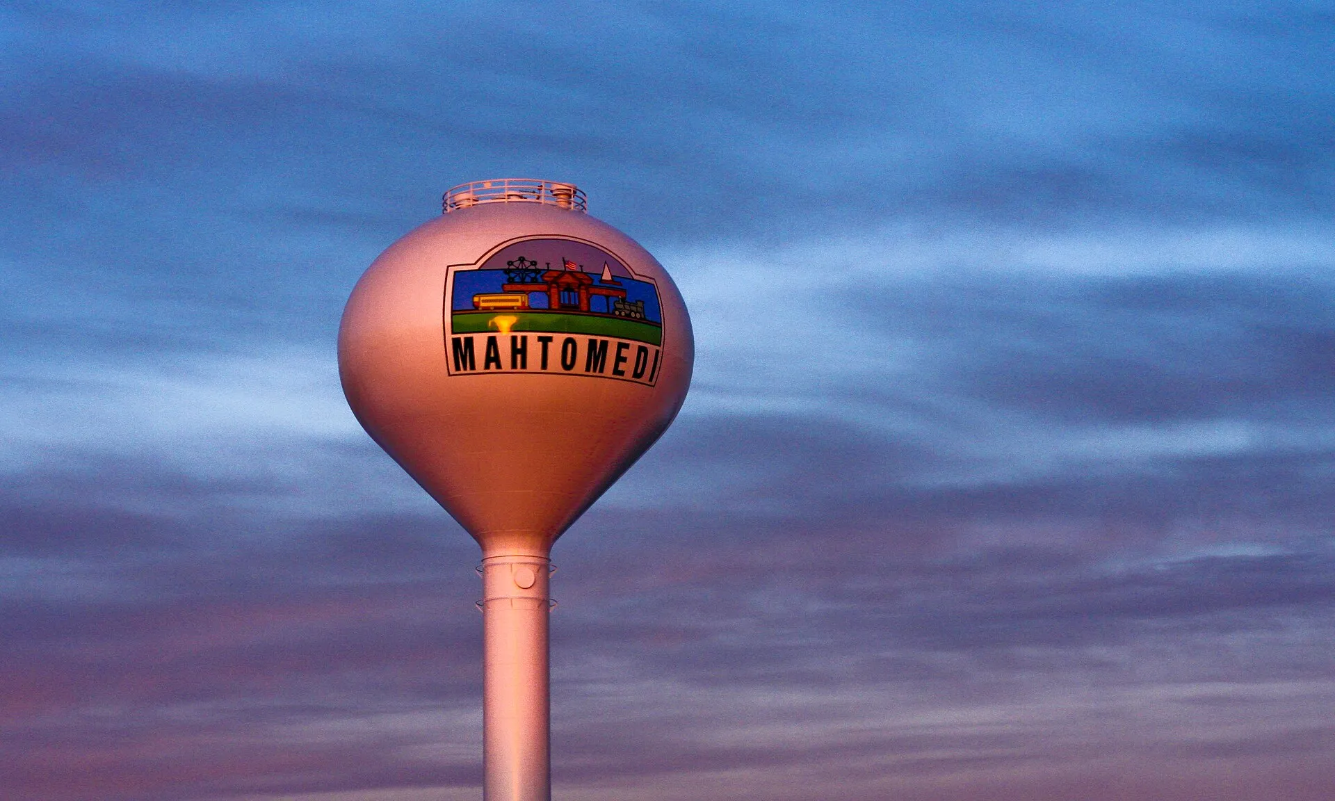 The Mahtomedi water tower at sunset in Mahtomedi, Minnesota..
