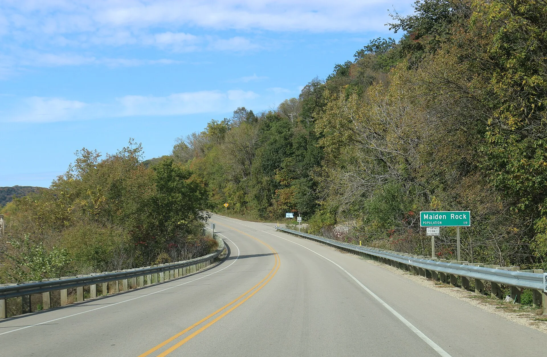 The sign for Maiden Rock, Wisconsin on WIS35.