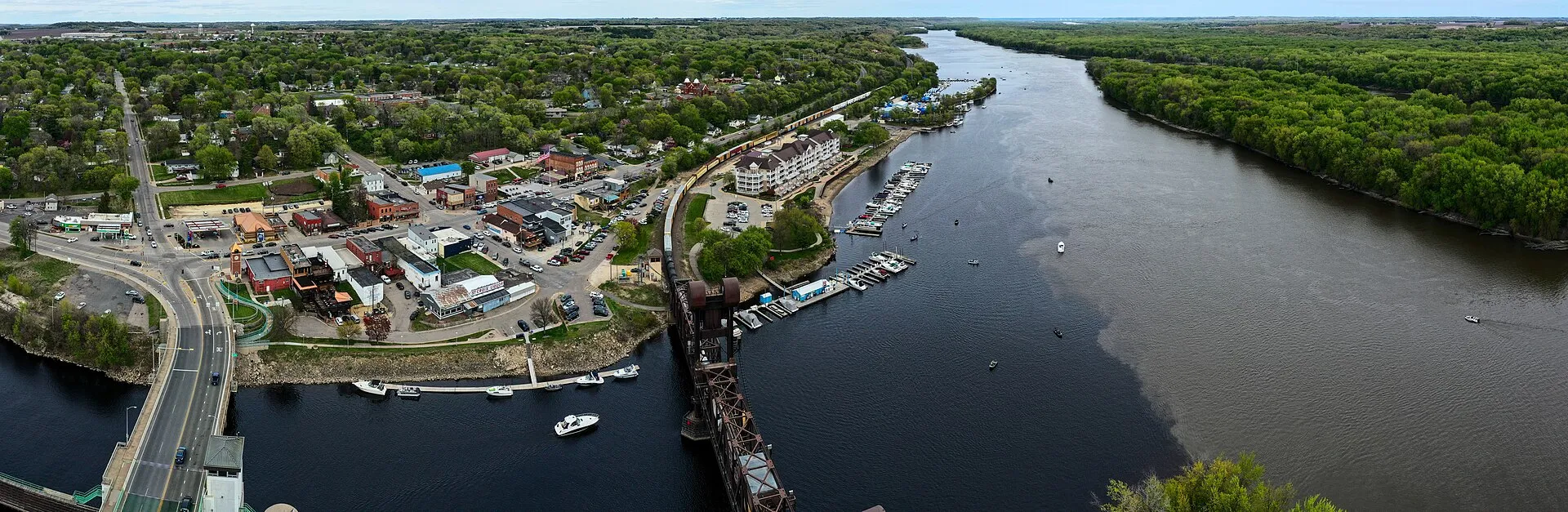 An aerial view of Prescott, Wisconsin, showing the St. Croix River joining the Mississippi River