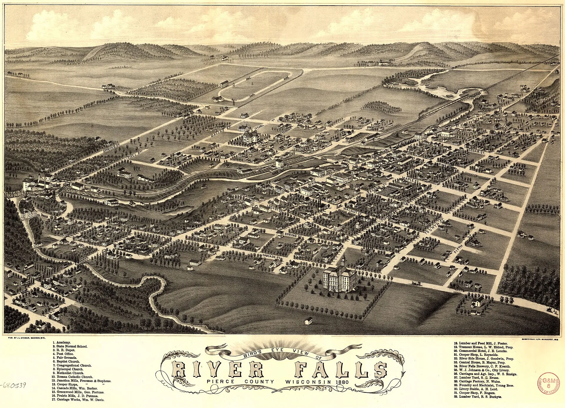 Bird's eye view of River Falls, Pierce County, Wisconsin, 1880 (Library of Congress)