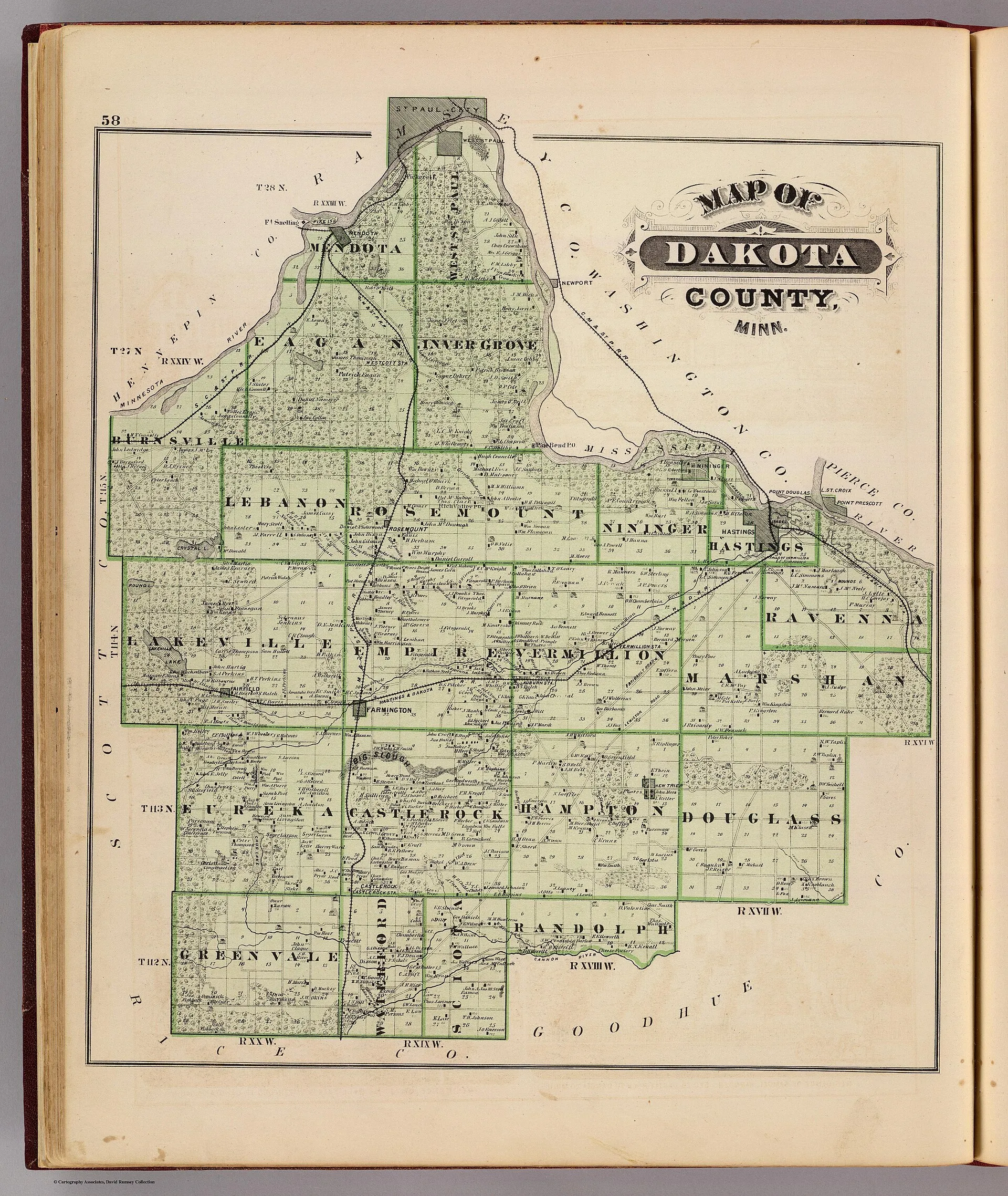 An 1874 map of Dakota County, complete with the very northern tip ,which belongs to Ramsey County today.