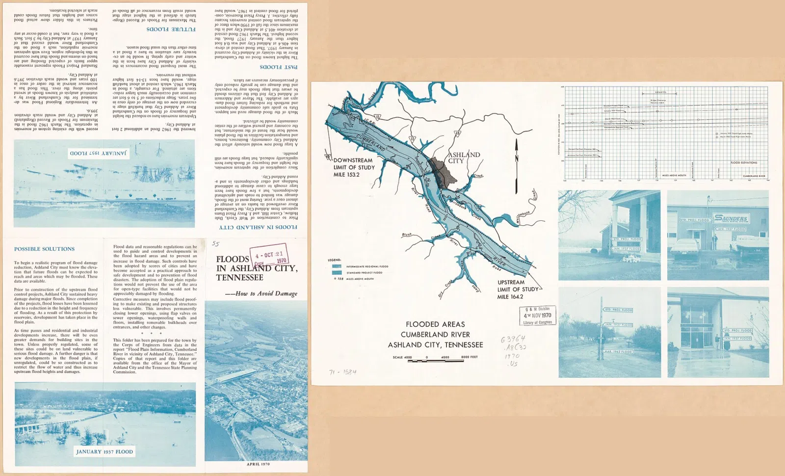 Scale ca. 1:72,000. Folded title: Floods in Ashland City, Tennessee--How to avoid damage. Includes illus. and flood elevation chart. Text on verso. Available also through the Library of Congress Web site as a raster image. AACR2