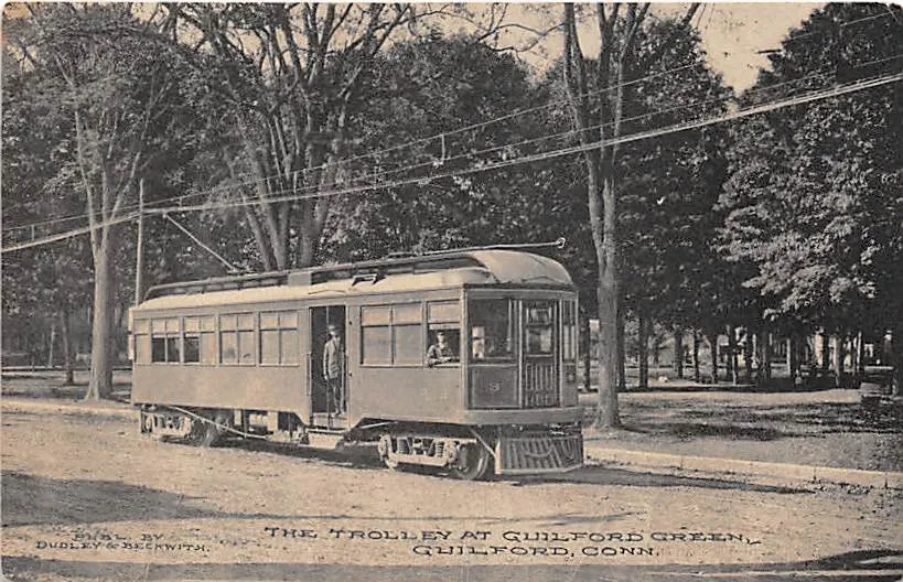 Early postcard of a Shore Line Electric Railway trolley at Guilford Green.
