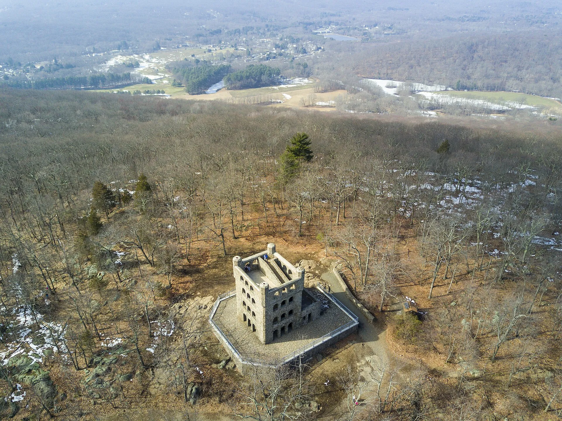 Aerial view of the Sleeping Giant Tower on a winter day.
