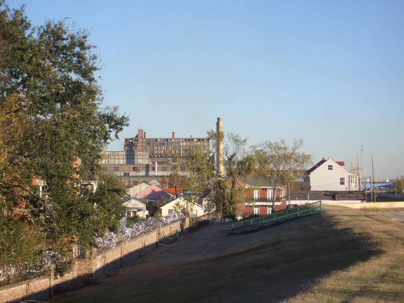 On the levee by Jackson Barracks, New Orleans, looking downriver to Arabi, Louisiana