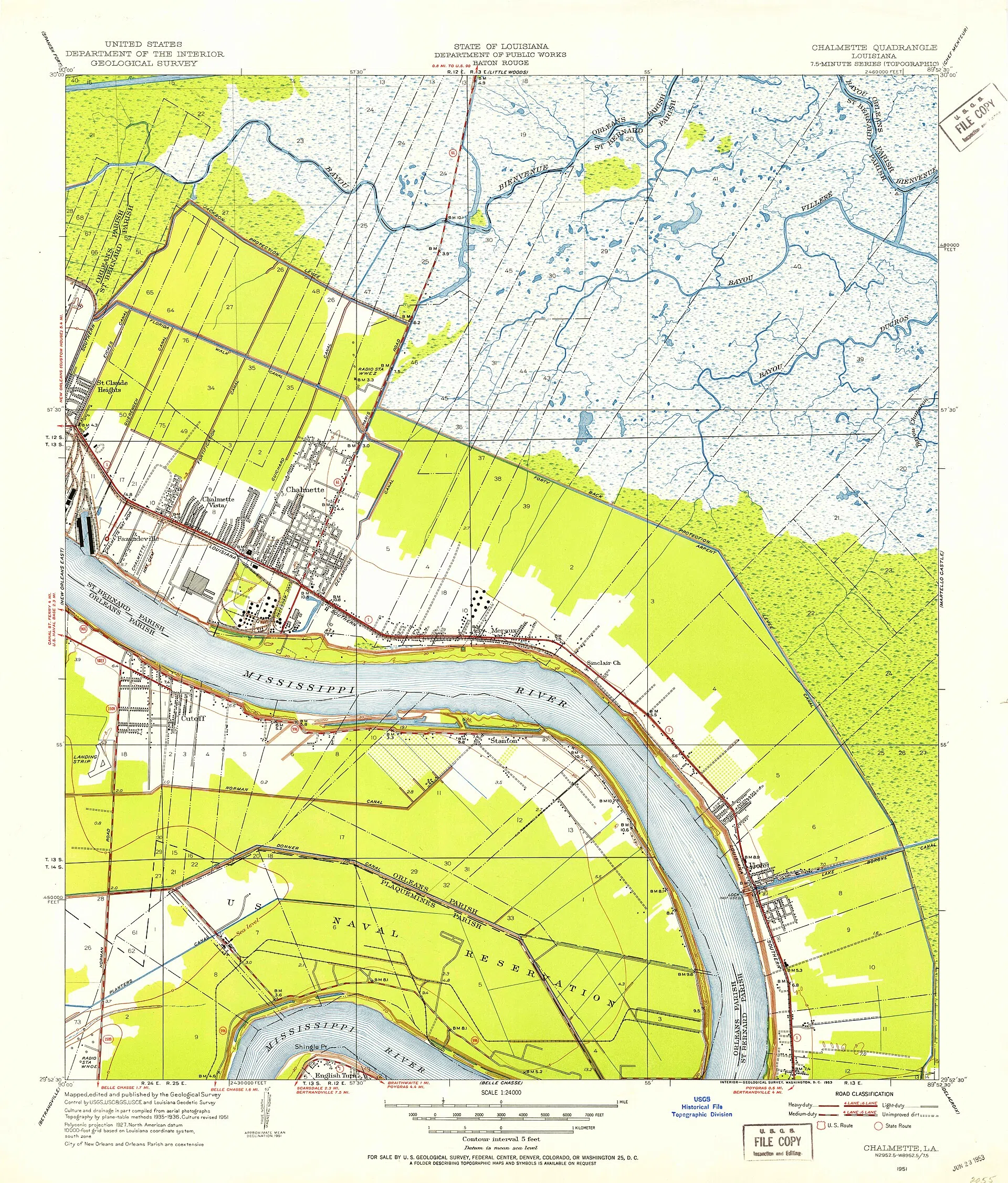 1951 U.S. Geological Survey map of Chalmette, Louisiana, covering the surrounding area including Meraux