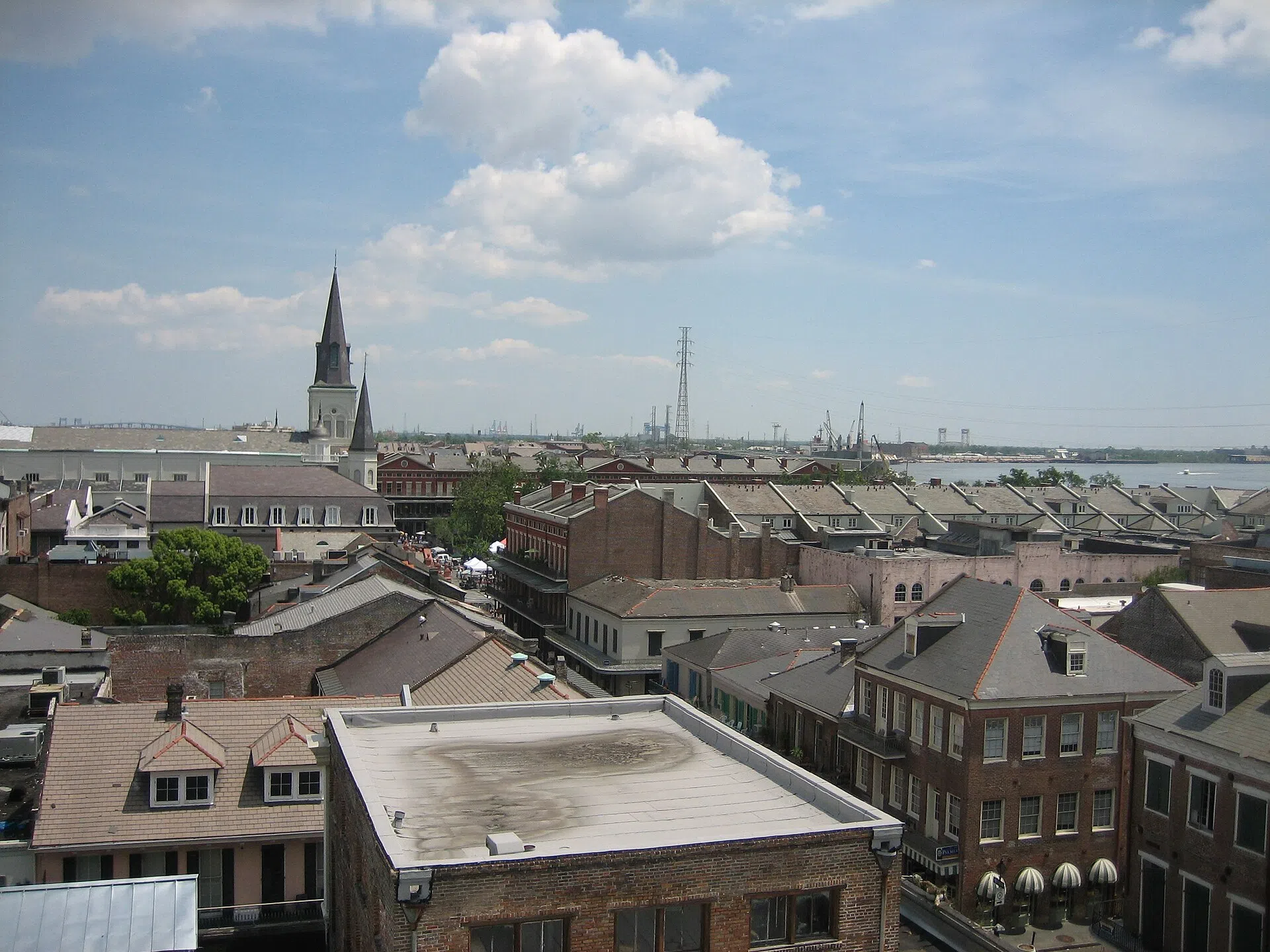New Orleans French Quarter. View from roof of Hotel on St. Louis Street Spires of St. Louis Cathedral visible at center left