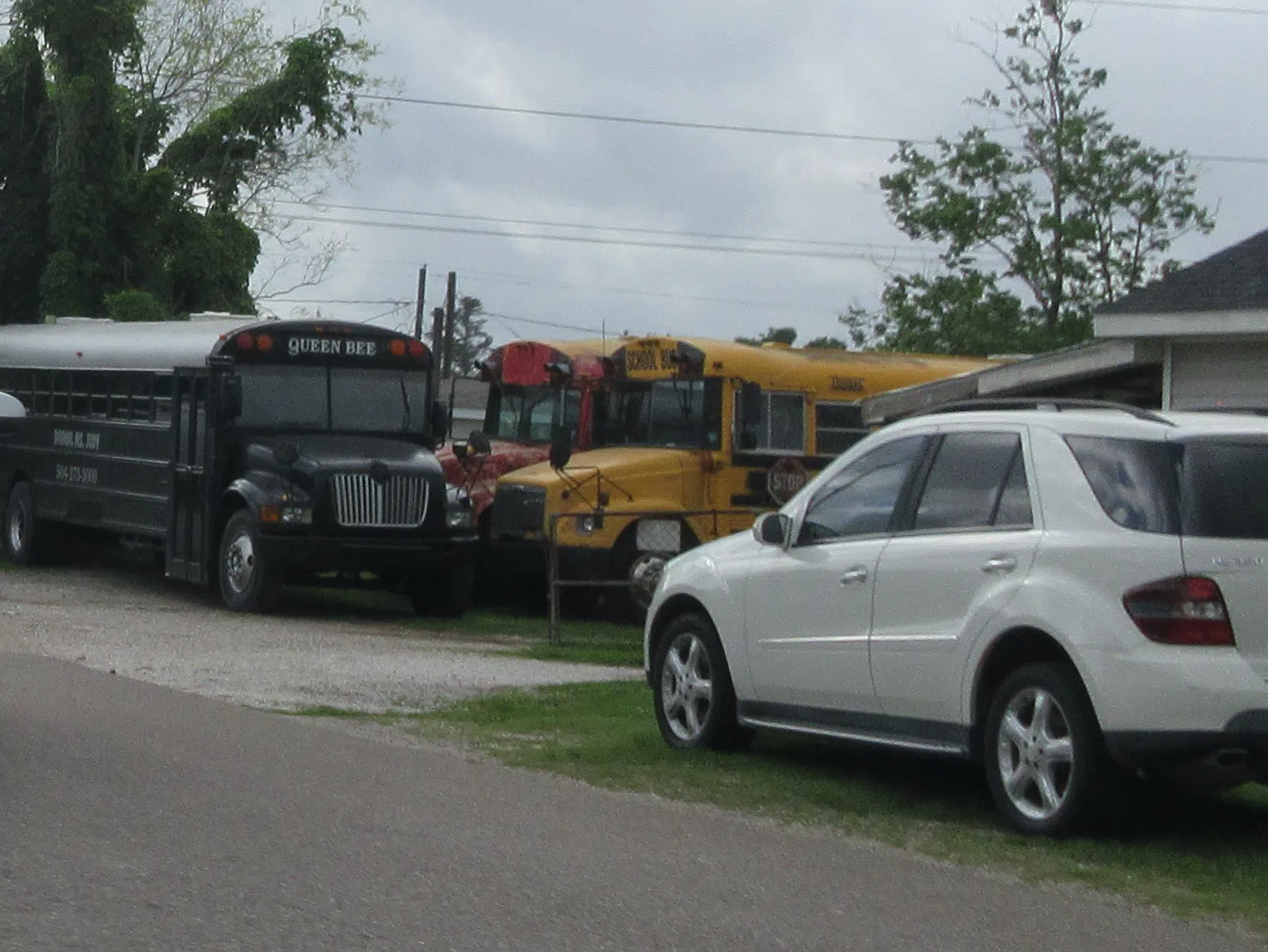 Parked school buses near Bengal Road, River Ridge Louisiana April 2025