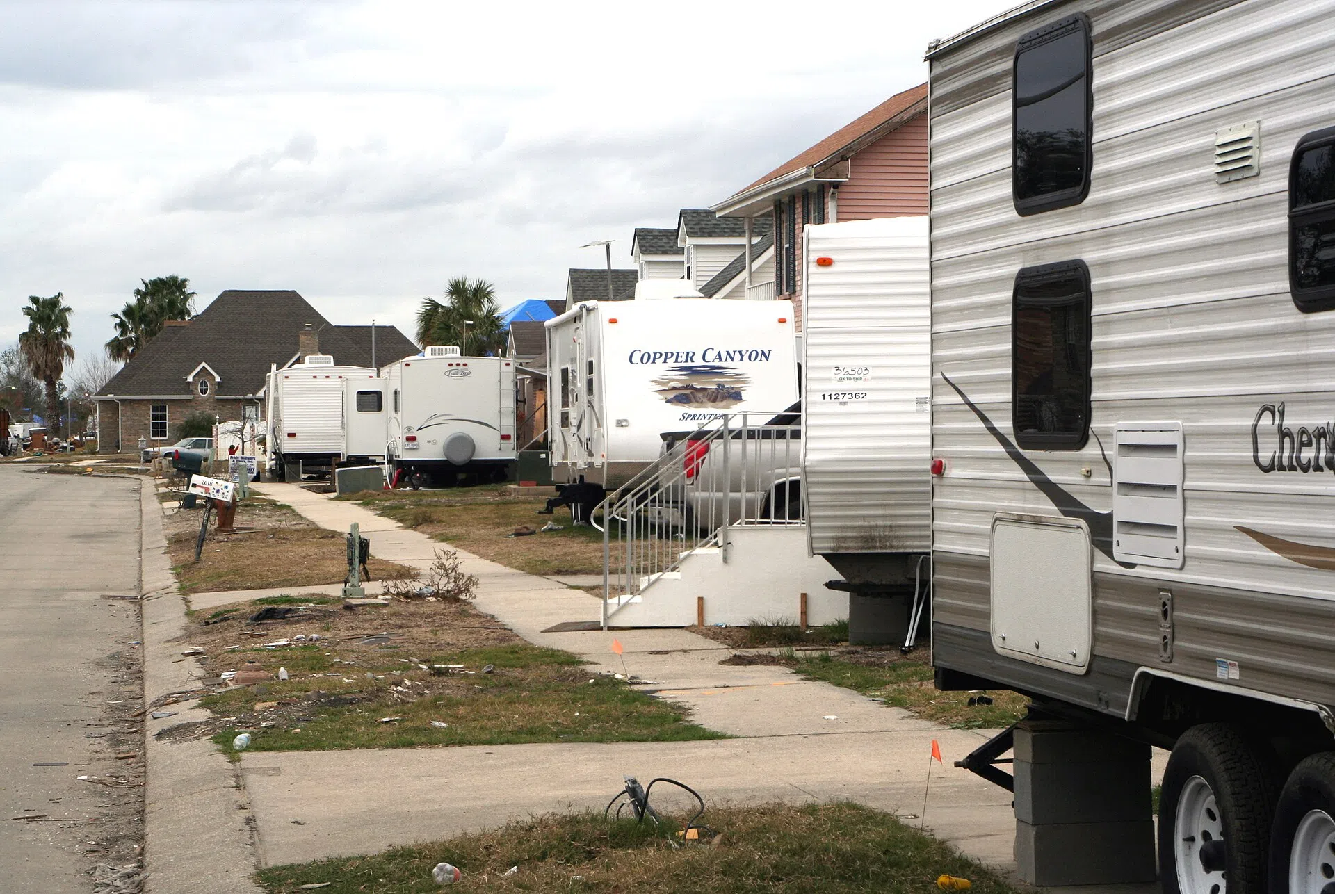 FEMA trailers in nearly every yard along South Lake Boulevard, Violet, Louisiana, January 2006 — post-Katrina recovery