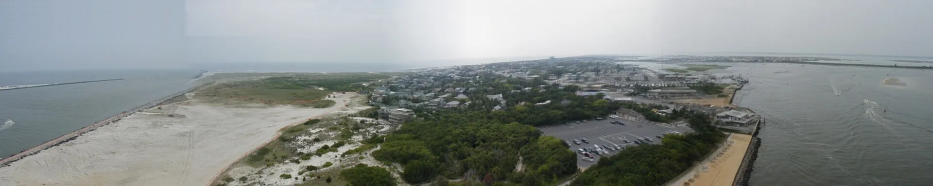 Long Beach Island, New Jersey. Looking southeast to south from Barnegat Lighthouse. The dunes to the left are under reconstruction at the time of this photograph. Note that this image was created by stitching several