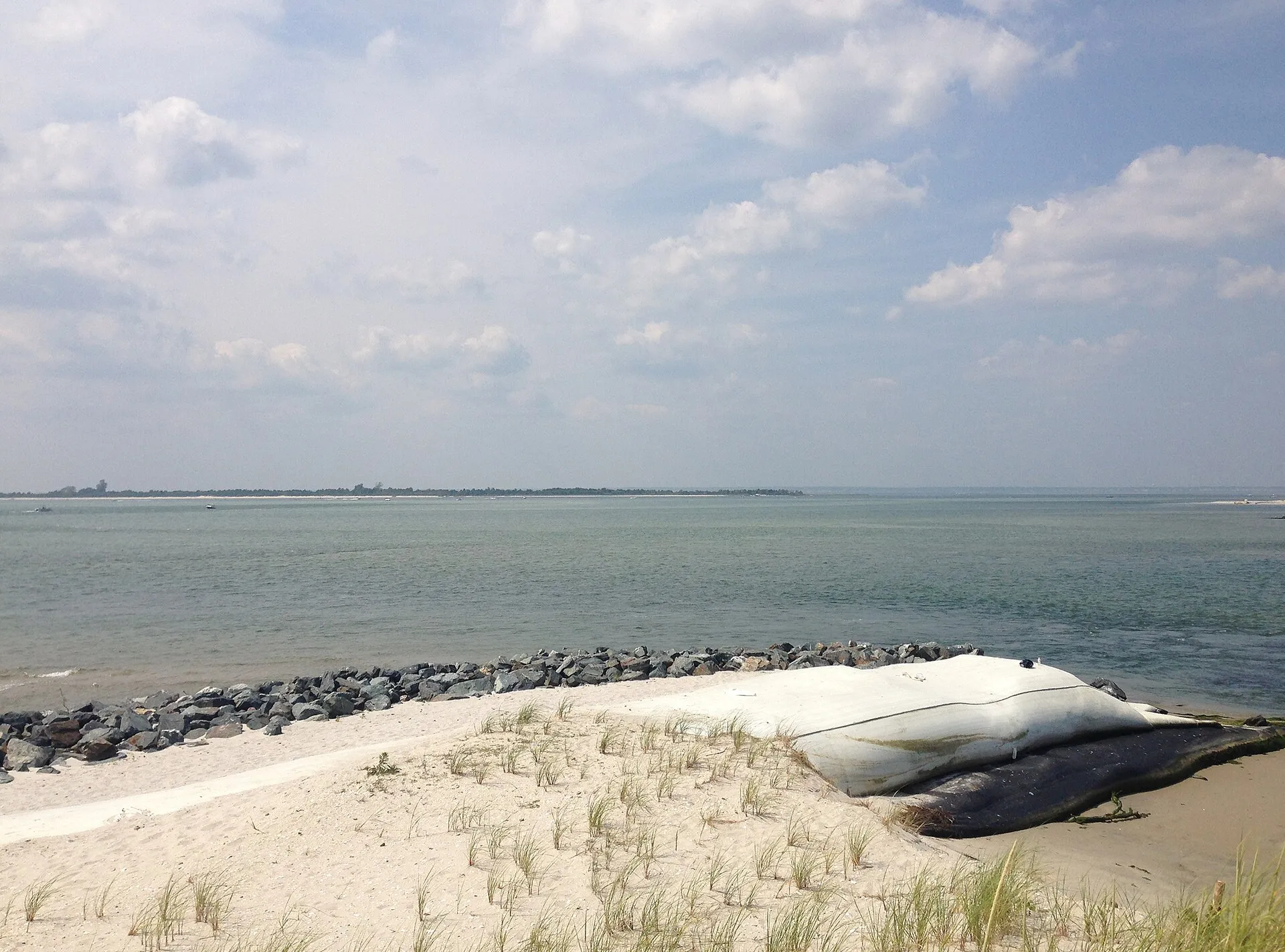View west-southwest across Barnegat Inlet towards the northern end of Long Beach Island from the southwestern tip of land near Barnegat Inlet in Island Beach State Park on August 21st 2013