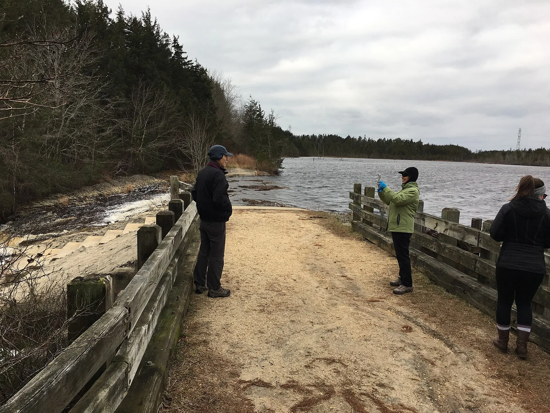 Mill Pond Reservoir and the dam of Cedar Creek that creates it, in Double Trouble State Park in Ocean County, New Jersey