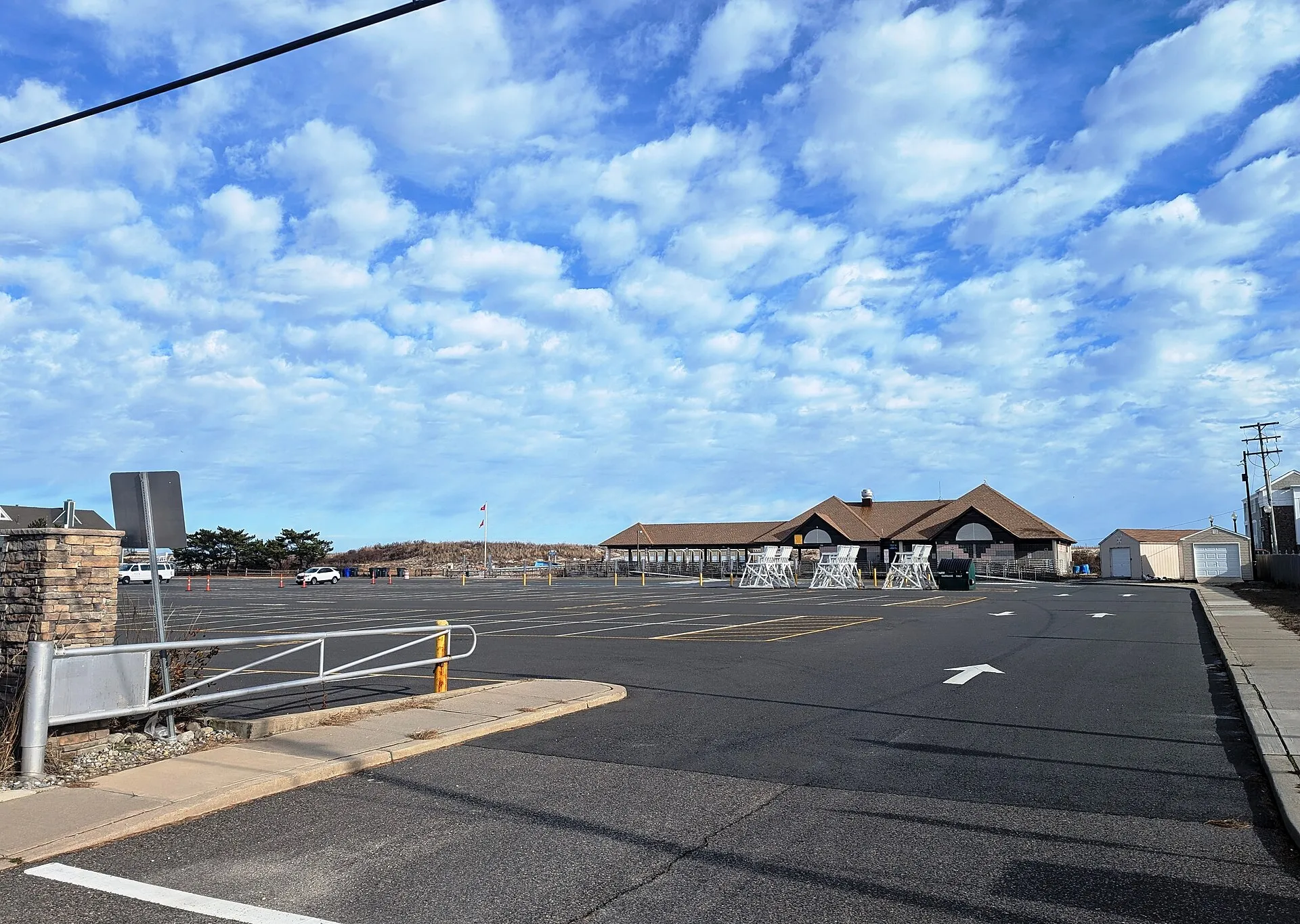 Photo of Brick Beach III and its bathhouse in Brick Township, New Jersey. Photo taken from northbound New Jersey Route 35 (Ocean Avenue) looking east-northeast