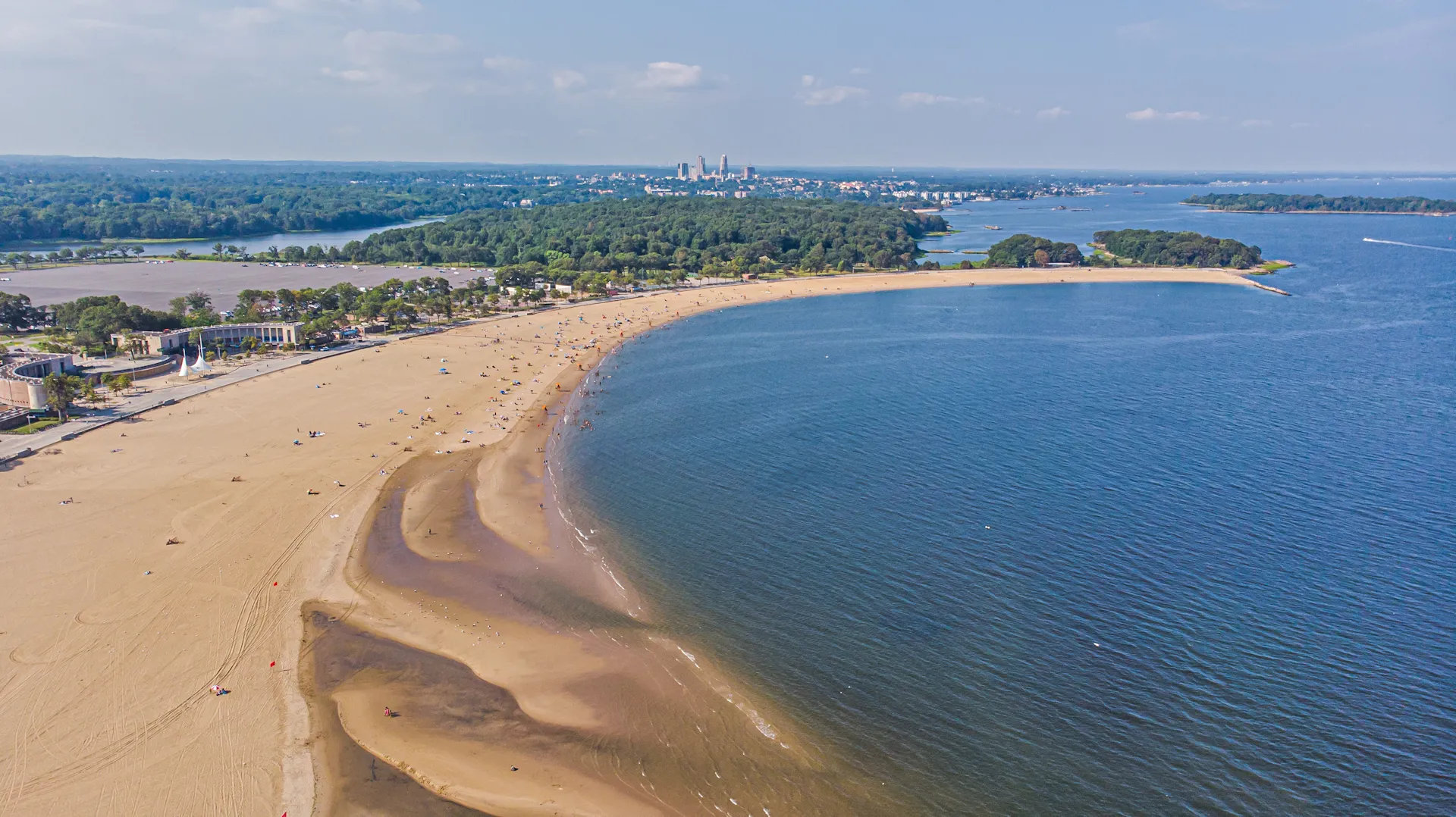 Aerial view of Orchard Beach (Pelham Bay Park) in the Bronx