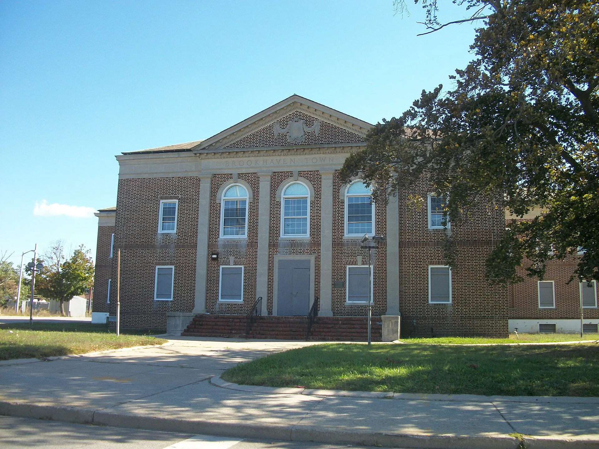 The former Town of Brookhaven Hall on the northeast corner of South Ocean Avenue and Baker Street in Patchogue, New York . Patchogue was