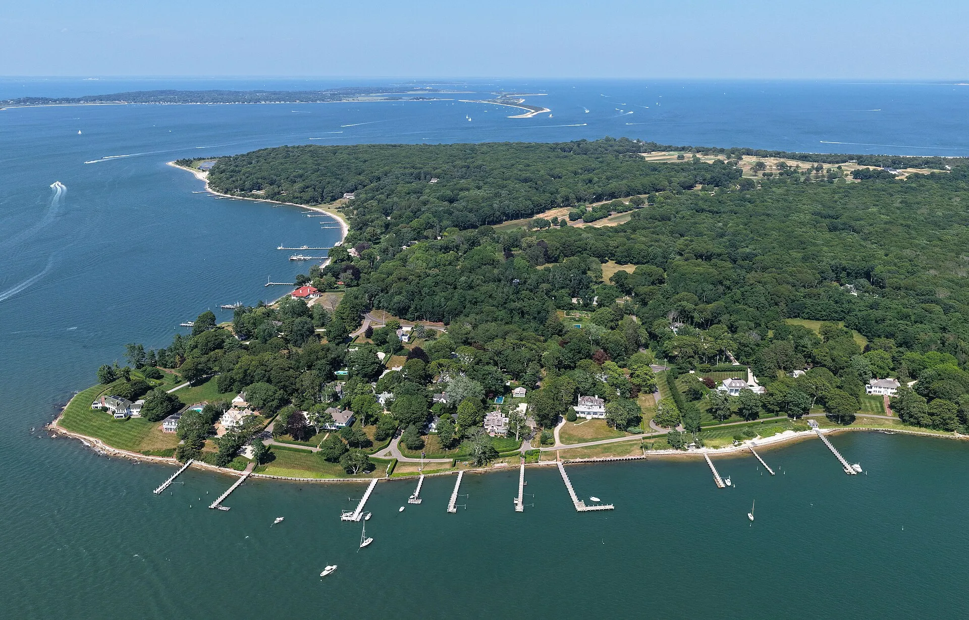 Aerial view of Dering Harbor, the least populous village in the State of New York (pop. 50)