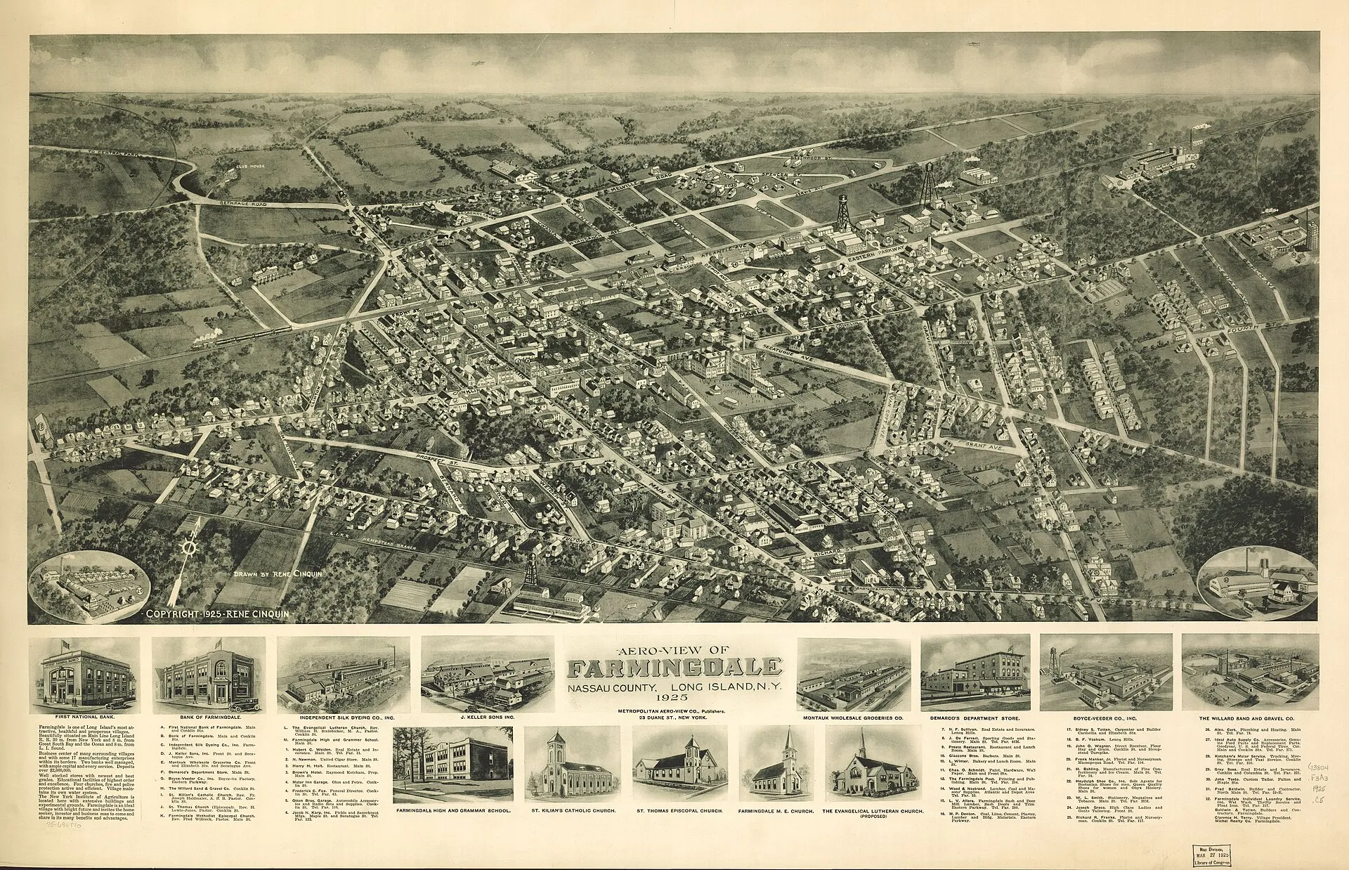 Aero (bird's-eye) view of Farmingdale, Nassau County, Long Island, N.Y., 1925. Perspective map from the Library of Congress panoramic maps collection