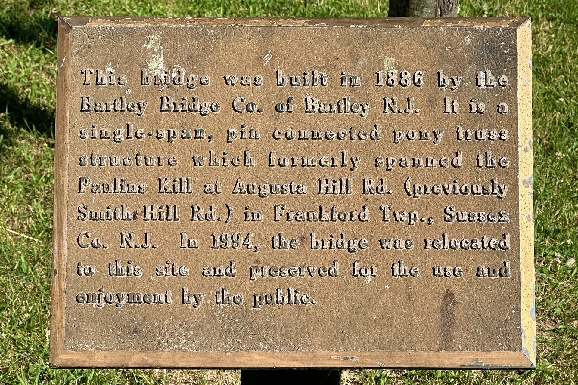 Information sign for the Augusta Hill Road Bridge, now a footbridge, at the Sussex County Fairgrounds, New Jersey (relocated 1994)
