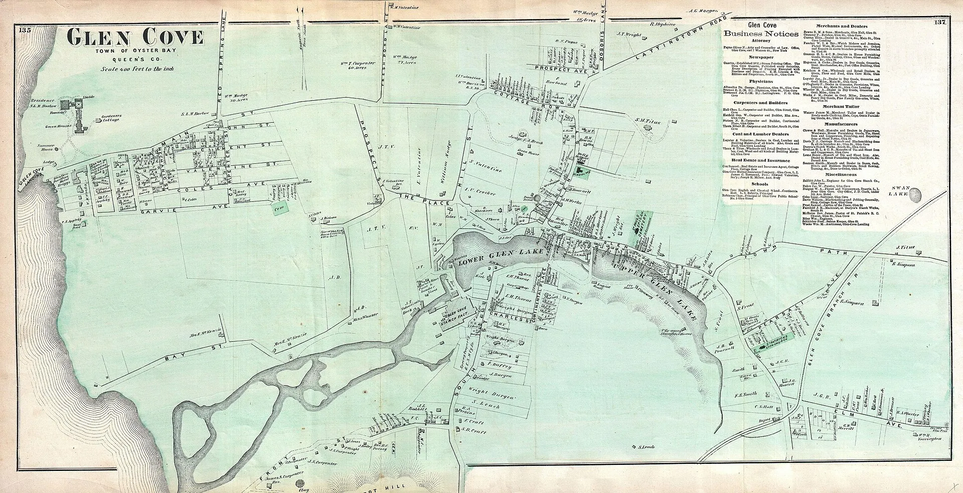 A scarce example of Fredrick W. Beers’ map parts of Glen Cove, Queens, New York City. Published in 1873. Detailed to the level of individual properties and buildings with land owners noted. This