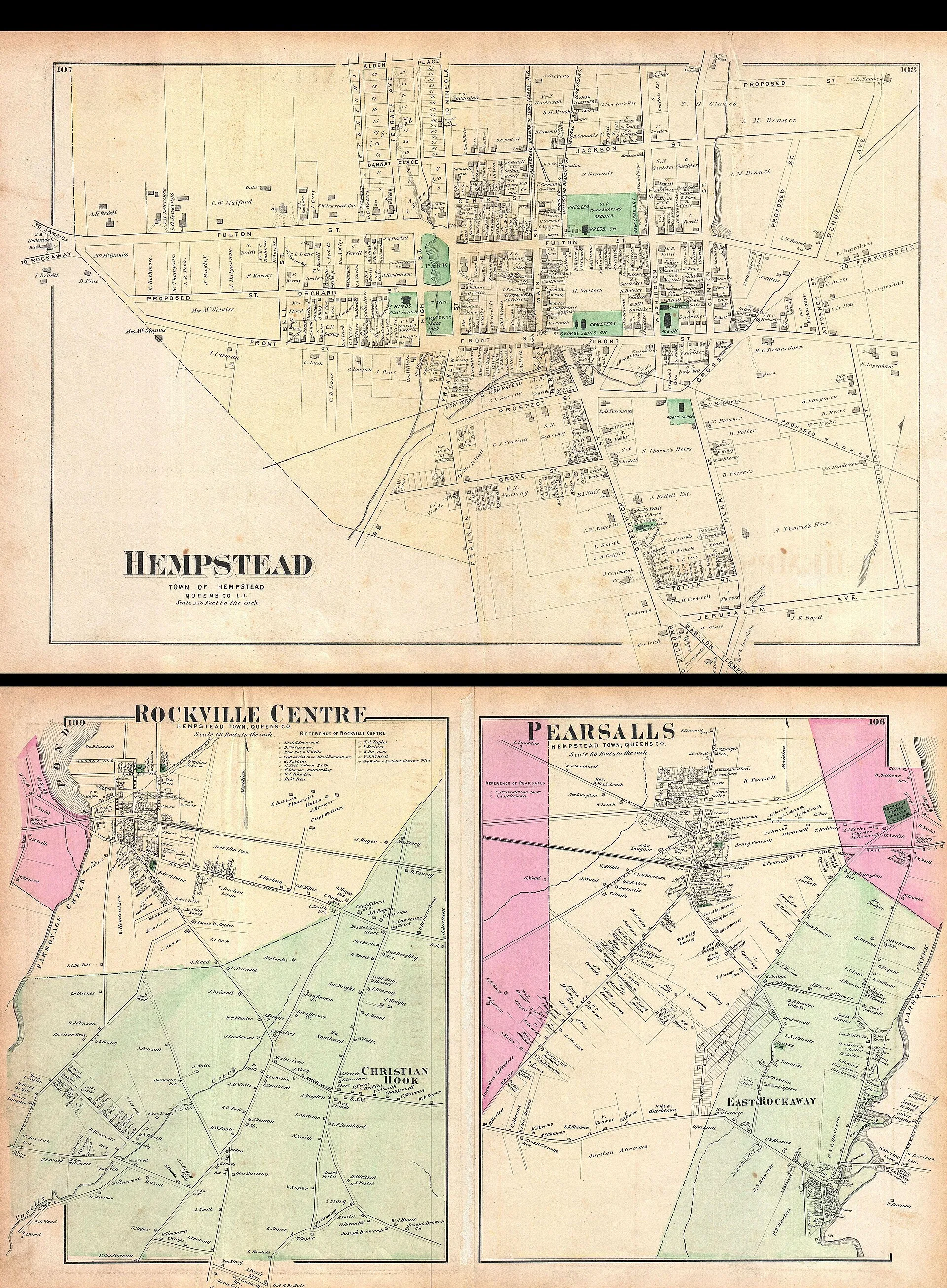 A scarce example of Fredrick W. Beers’ map of the communities of Hempstead, Rockville and Persalls, Long Island. Published in 1873. Maps printed on both recto and verso. Hempstead side depicts the