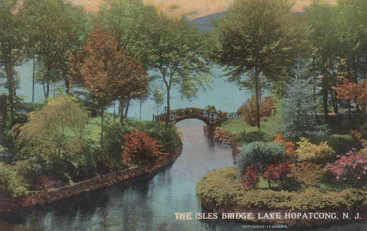 Hand-colored postcard of the Isles Bridge, Lake Hopatcong, New Jersey, circa 1911
