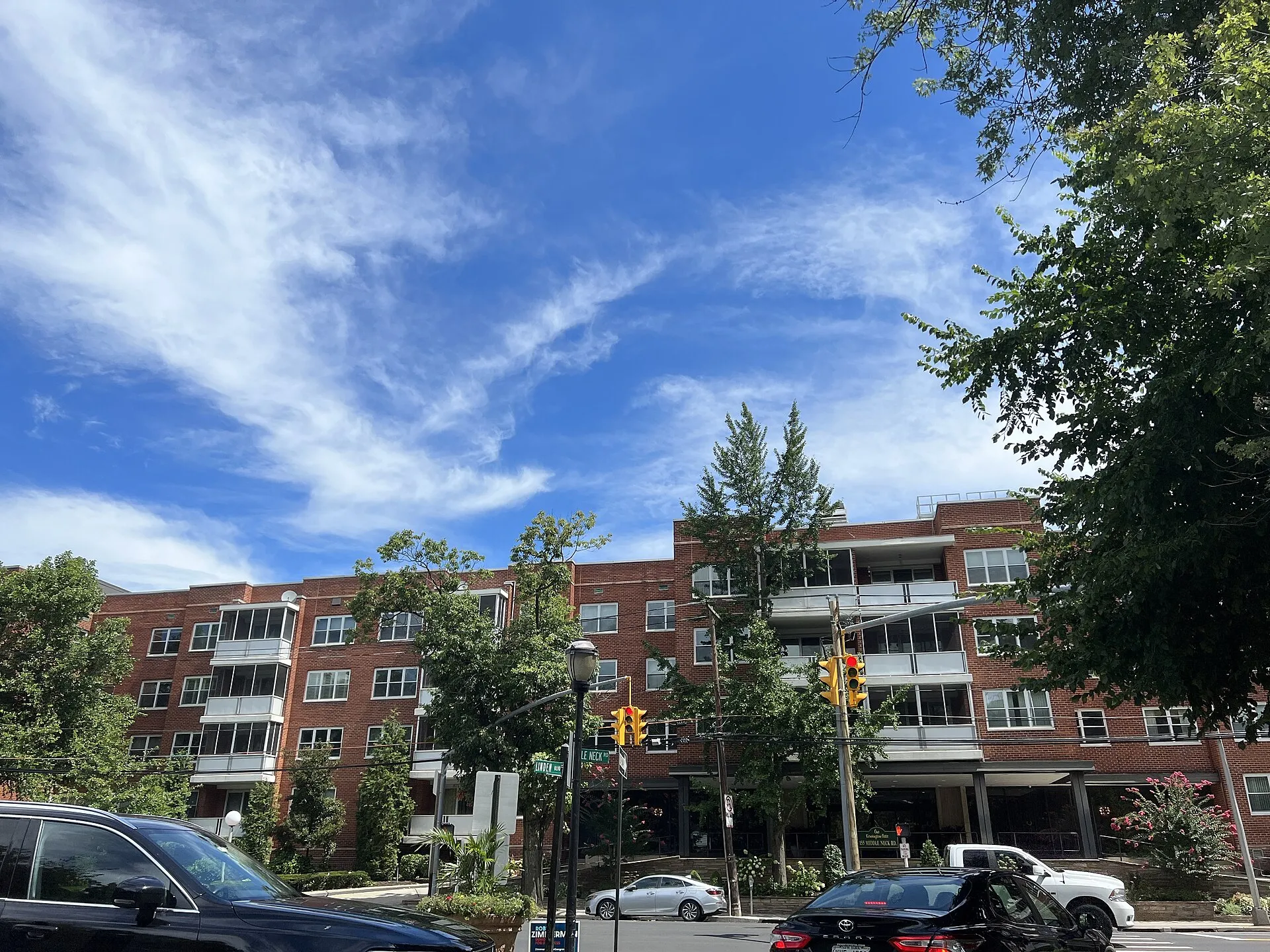 An apartment building (known as One Kensington Gate) on Middle Neck Road in the Inc. Village of Kensington, NY on August 14, 2022, as seen from Linden Boulevard in the adjacent Inc. Village of