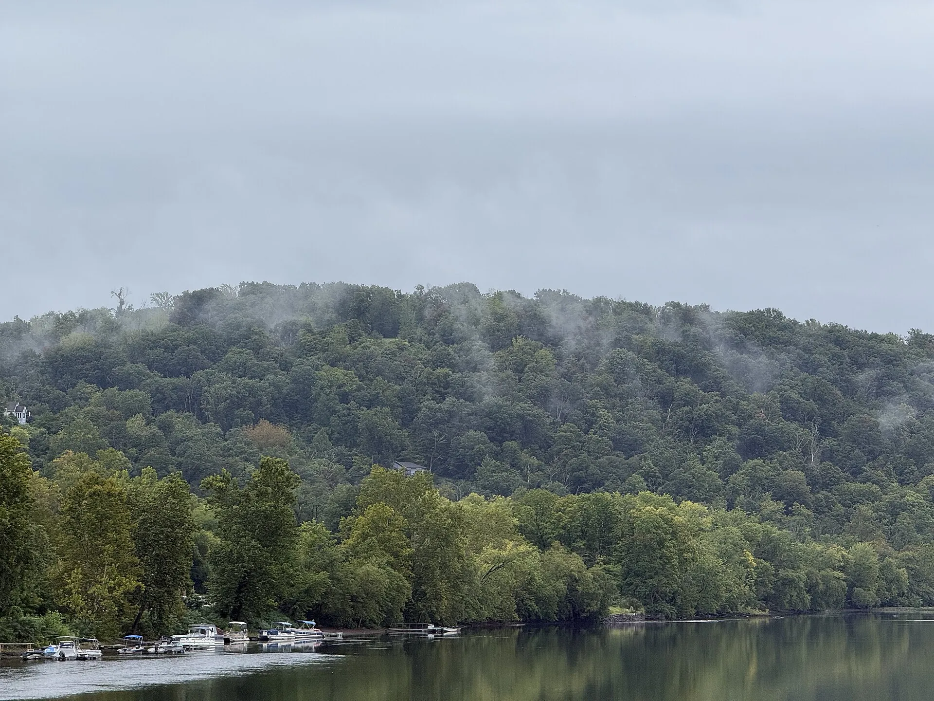 View toward Goat Hill from the middle of the New Hope–Lambertville Bridge, September 2026