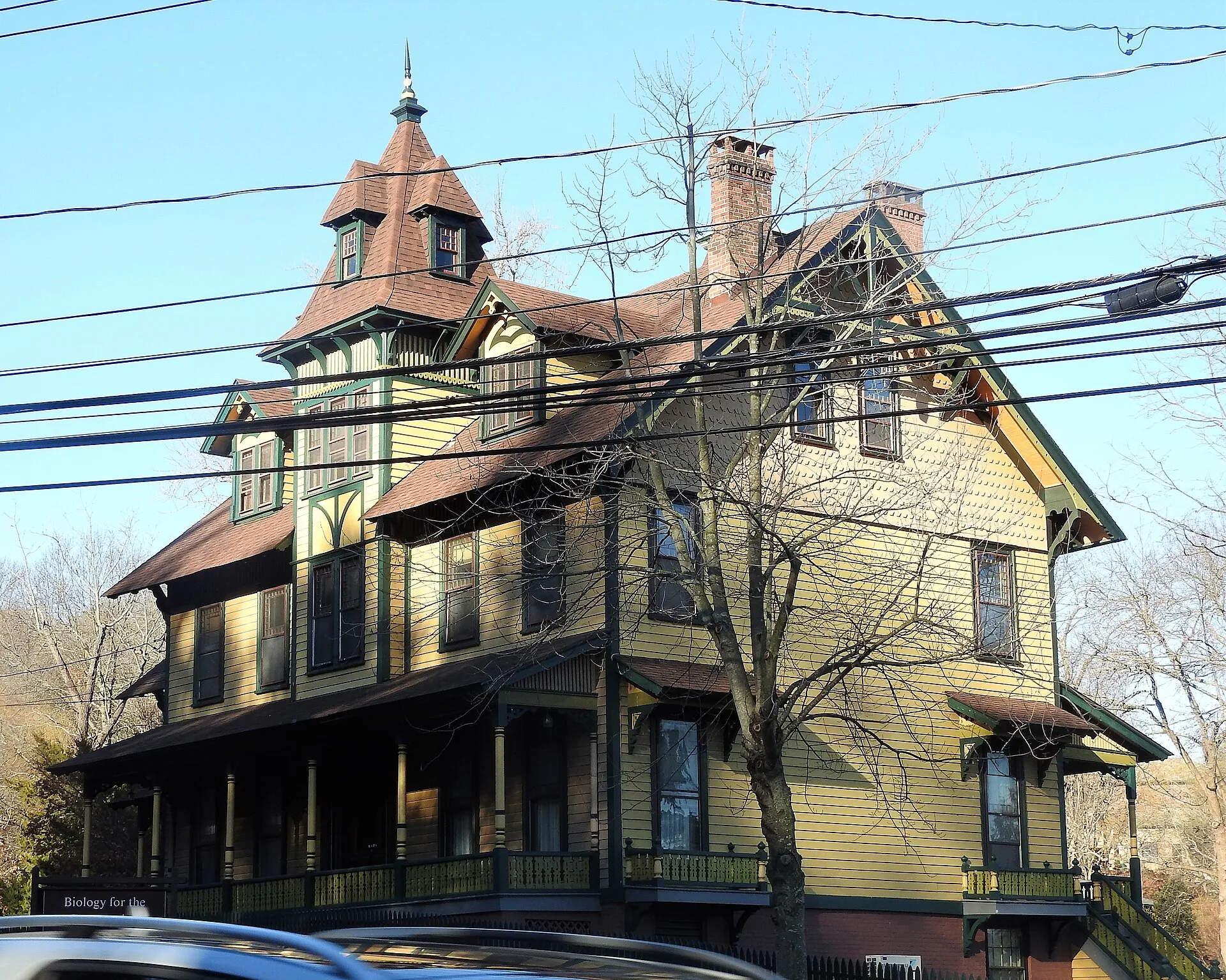 Looking northwest at old mansion on a sunny winter midday