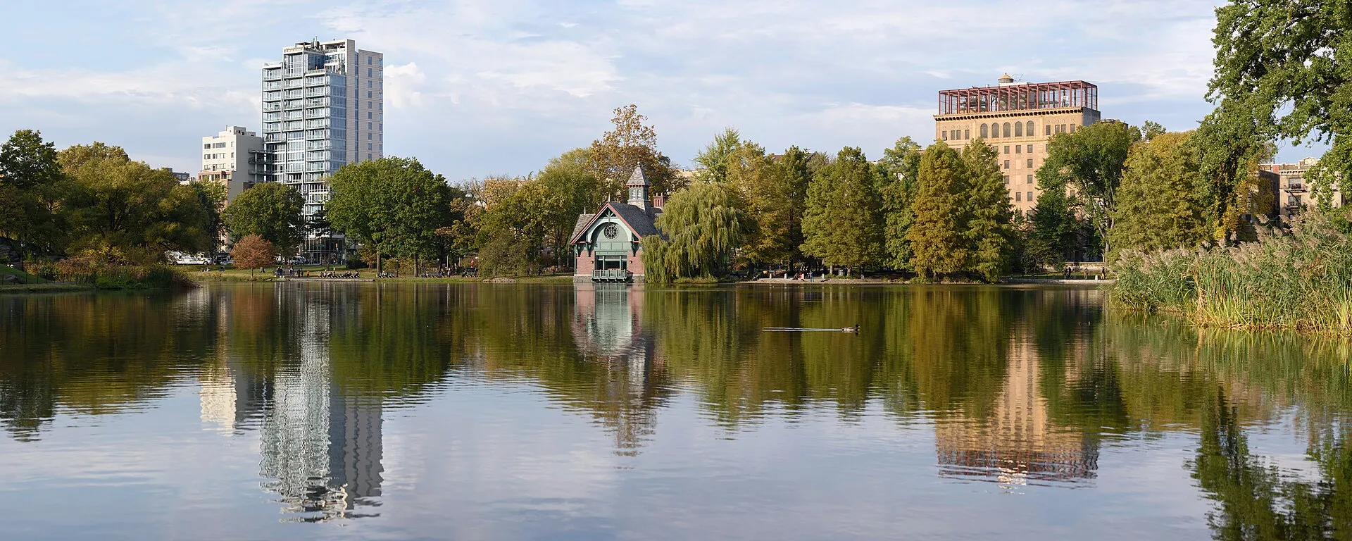 Four-segment panorama of Harlem Meer, Central Park, Manhattan, New York City, October 2016