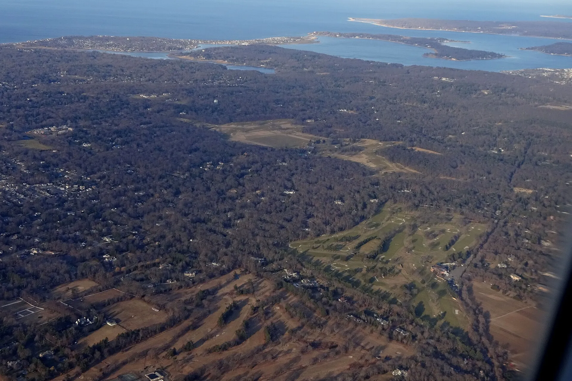 Glen Cove, Old Brookville, Glen Head, Matinecock, Lattingtown, Mill Neck, Locust Valley, and Bayville, NY, as seen from the air over Old Brookville, looking northeast
