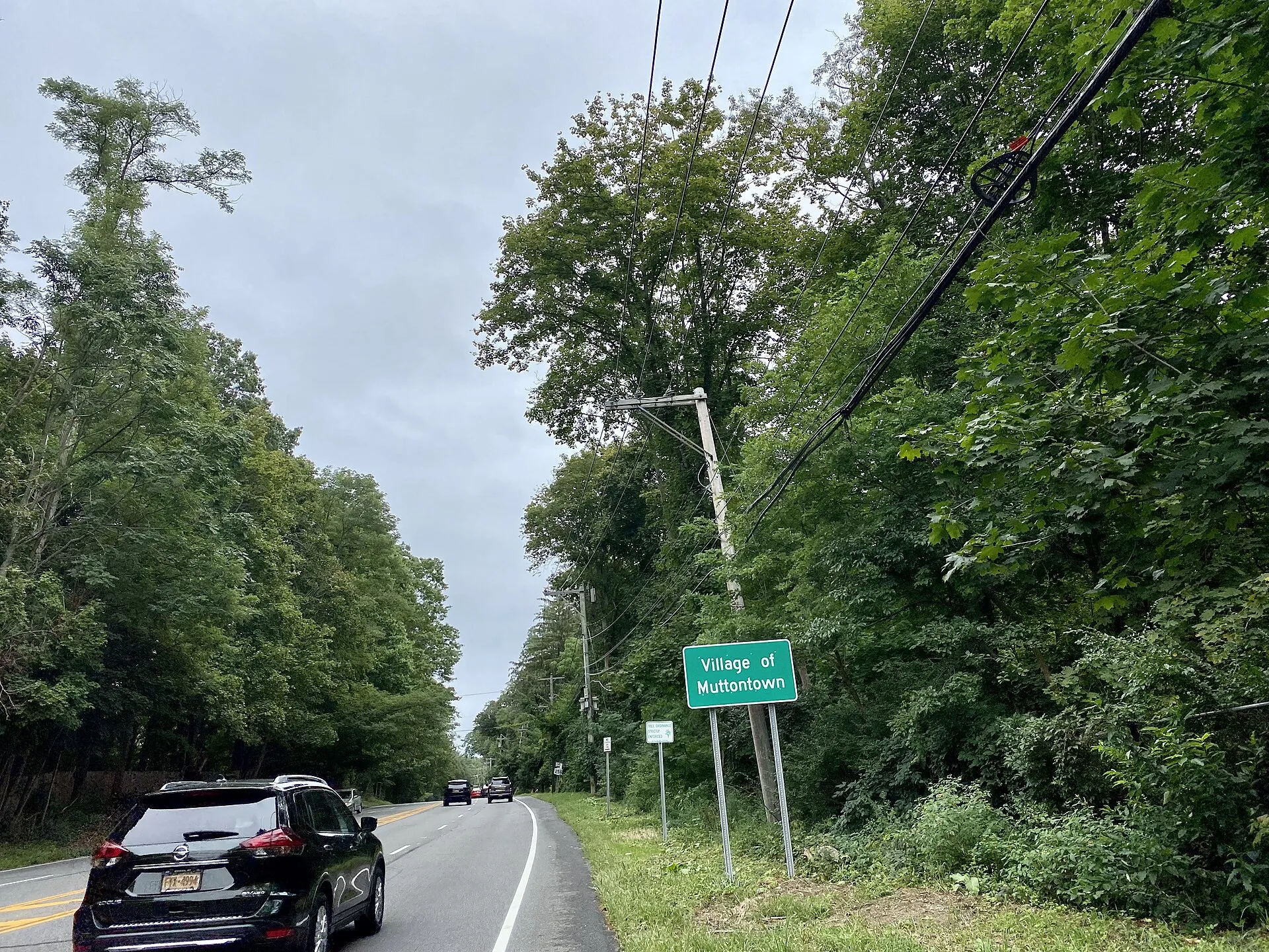 A welcome sign at the entrance to Muttontown on NY 25A, August 2021