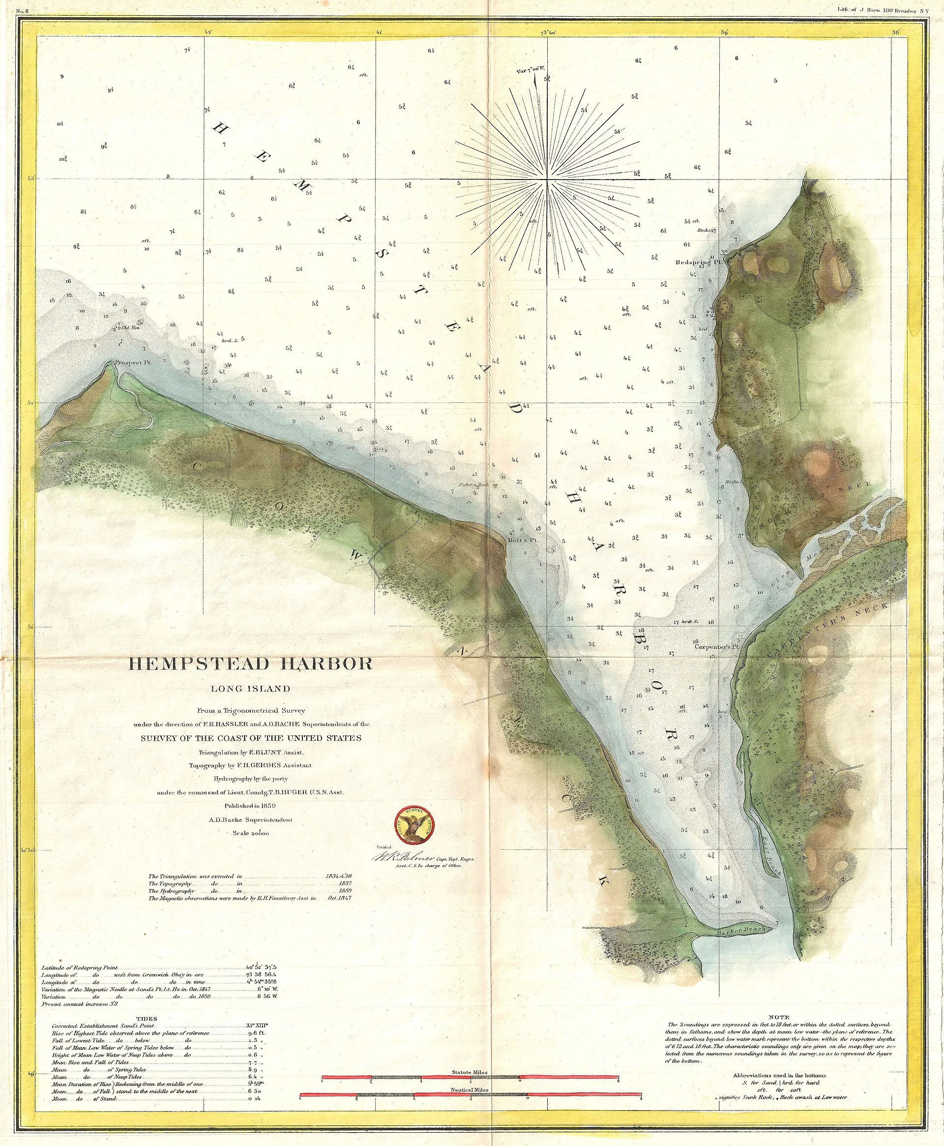 This is a very nice example of the 1859 U.S. Coast Survey nautical chart or map of Hempstead Harbor, Long Island. Focusing on the harbor, as titled, this map covers from Prospect Point to