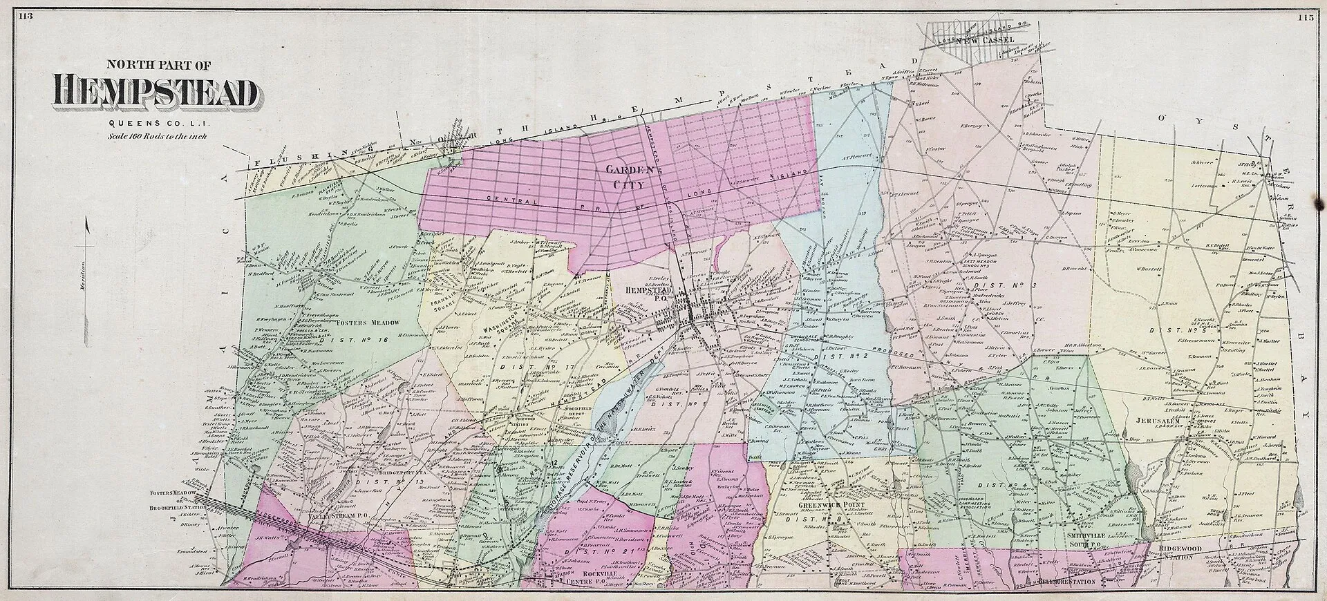 This scarce and large hand colored map depicts the town of Hempstead, Long Island, New York. Map depicts the populous cities and towns surrounding Hempstead, including Garden city, Valley Stream,