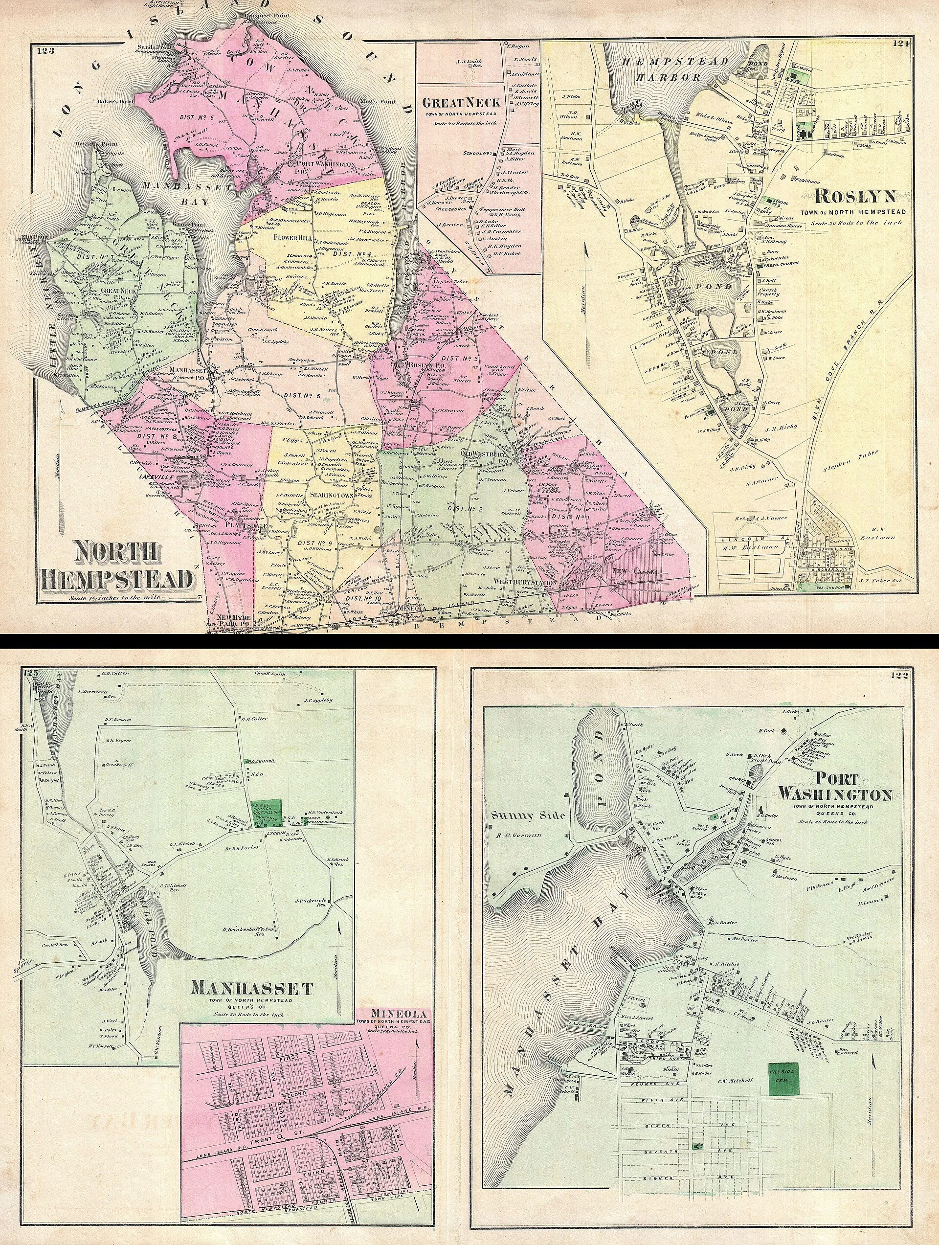 A scarce example of Fredrick W. Beers’ map of North Hempstead, Port Washington and Roslyn, New York. Published in 1873. Covers roughly from Little Neck Bay and Great Neck eastward past Manhasset
