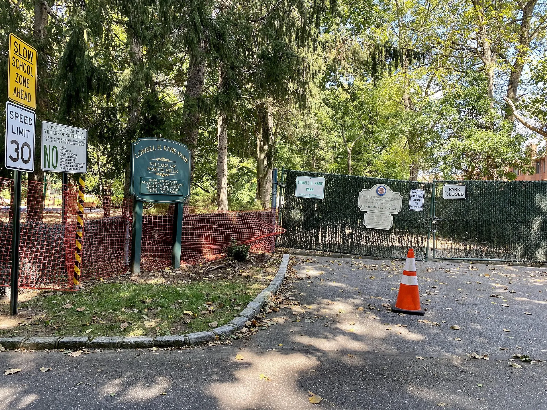 The entrance to Lowell H. Kane Park in North Hills, September 2021