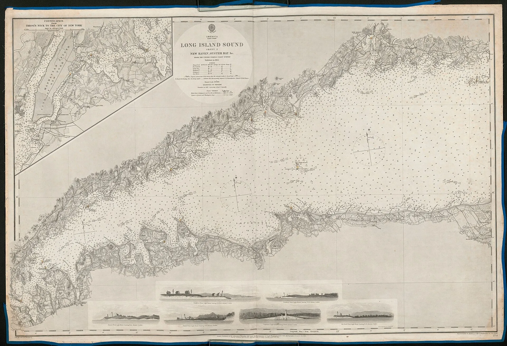 Nautical chart of Long Island Sound including New Haven and Oyster Bay. Not current - not to be used for navigation!